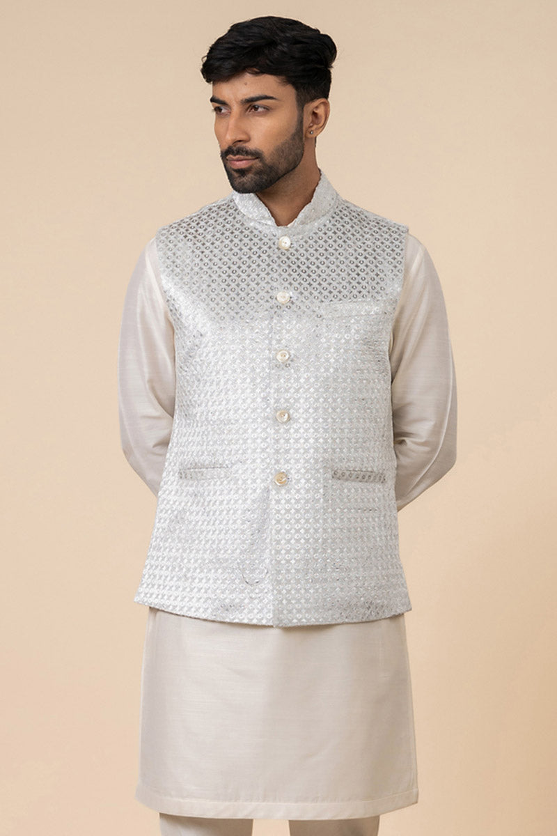 Grey Embossed Velvet Kurta Bundi Set