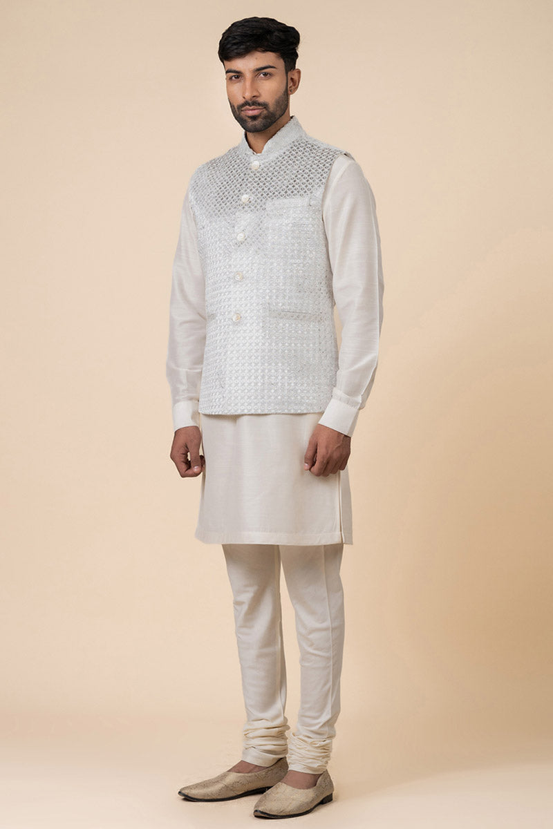 Grey Embossed Velvet Kurta Bundi Set