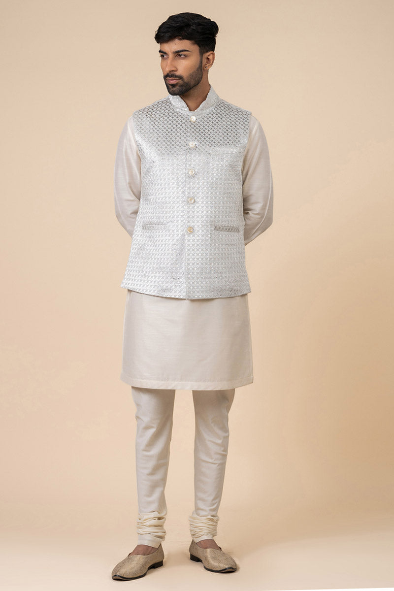 Grey Embossed Velvet Kurta Bundi Set