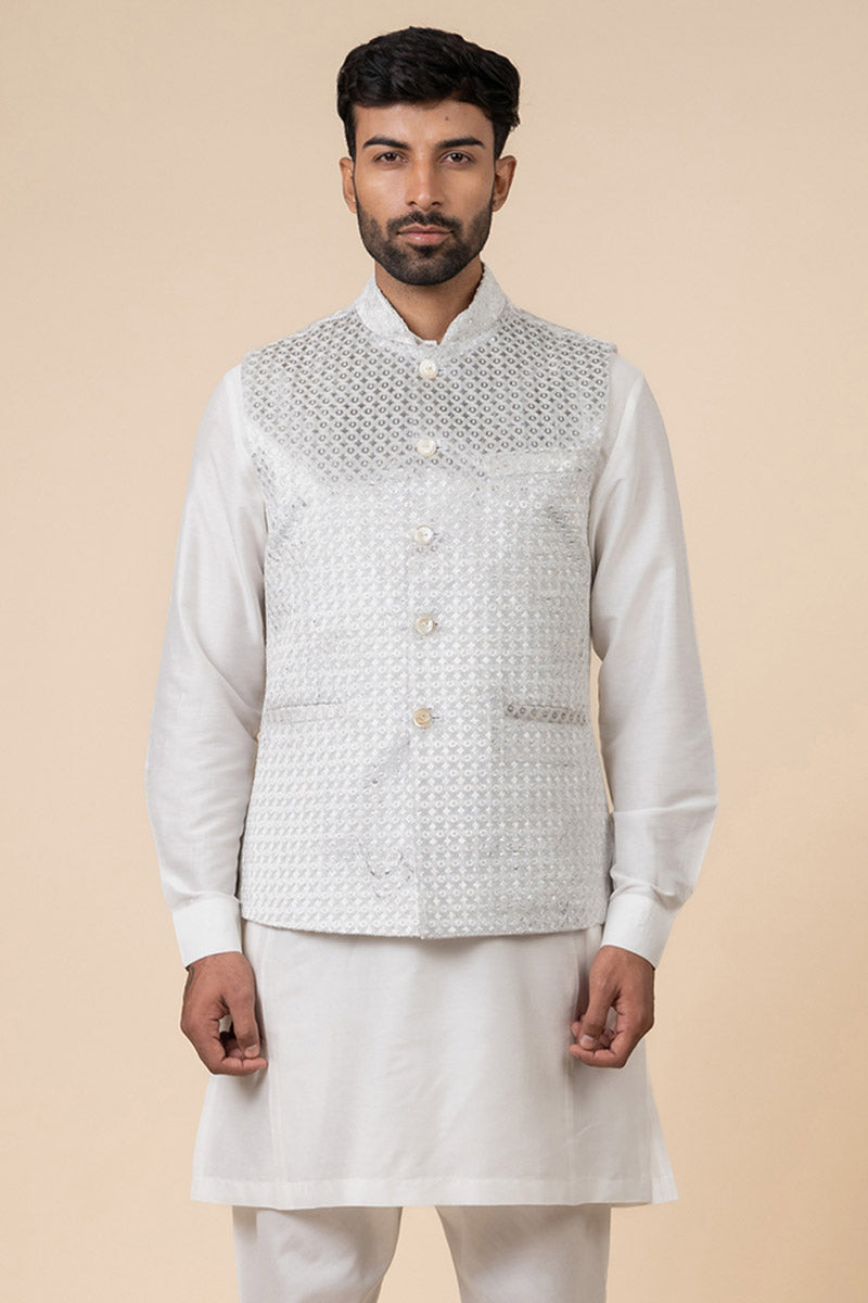 Grey Embossed Velvet Kurta Bundi Set