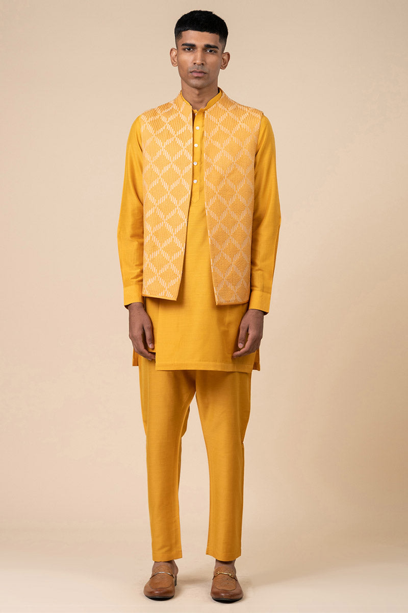 Yellow Textured Khadi Kurta Bundi Set