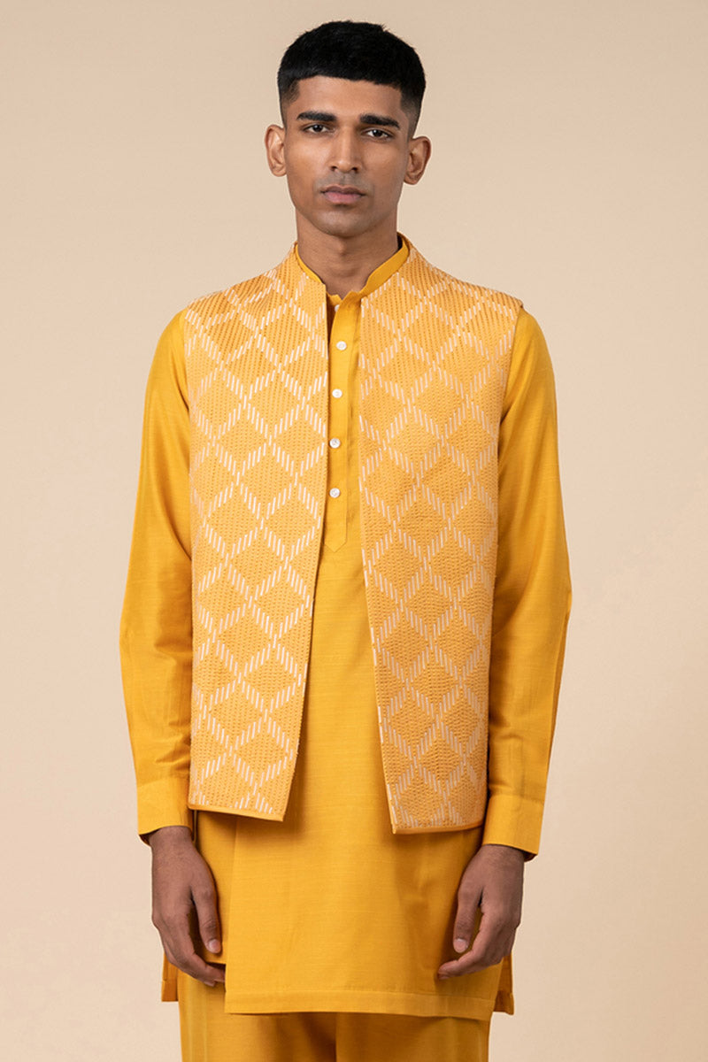 Yellow Textured Khadi Kurta Bundi Set