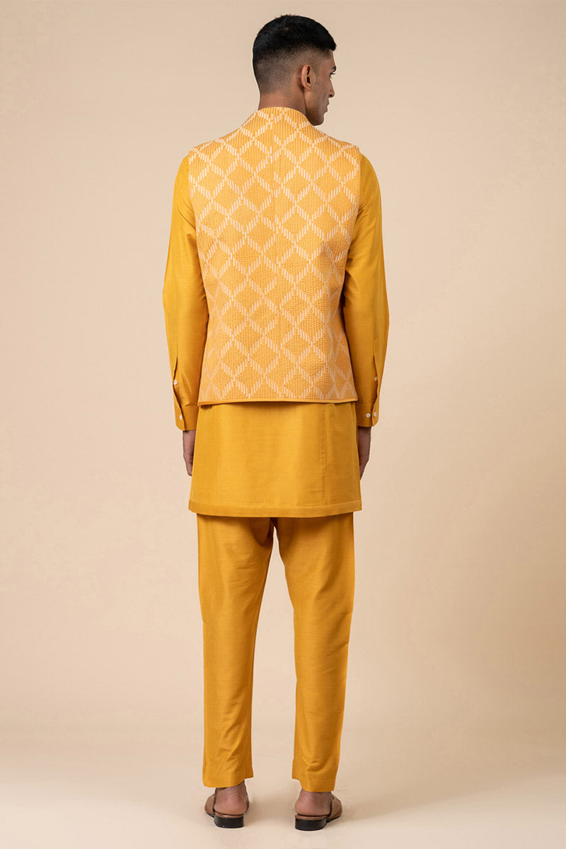 Yellow Textured Khadi Kurta Bundi Set