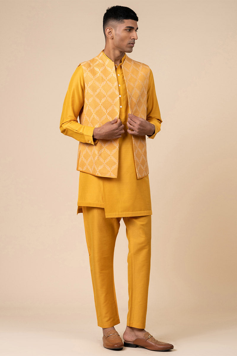 Yellow Textured Khadi Kurta Bundi Set