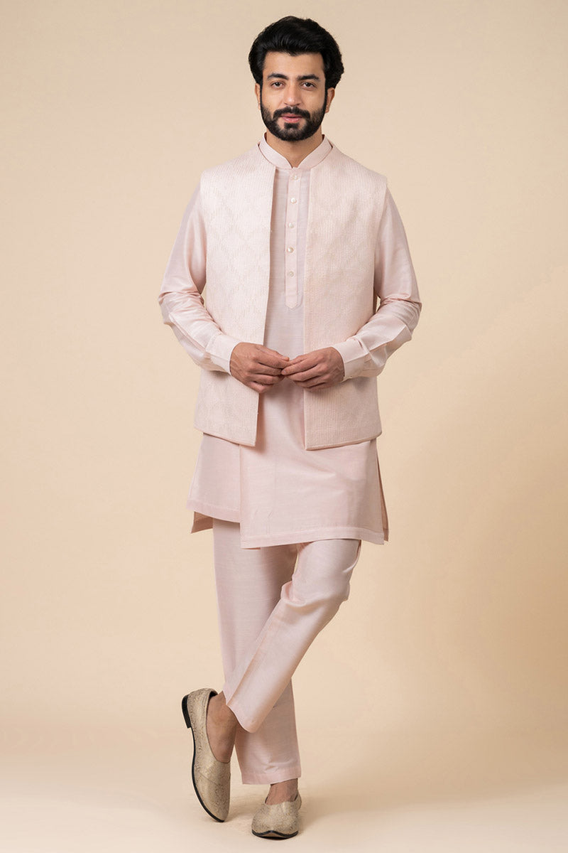 Pink Textured Khadi Kurta Bundi Set