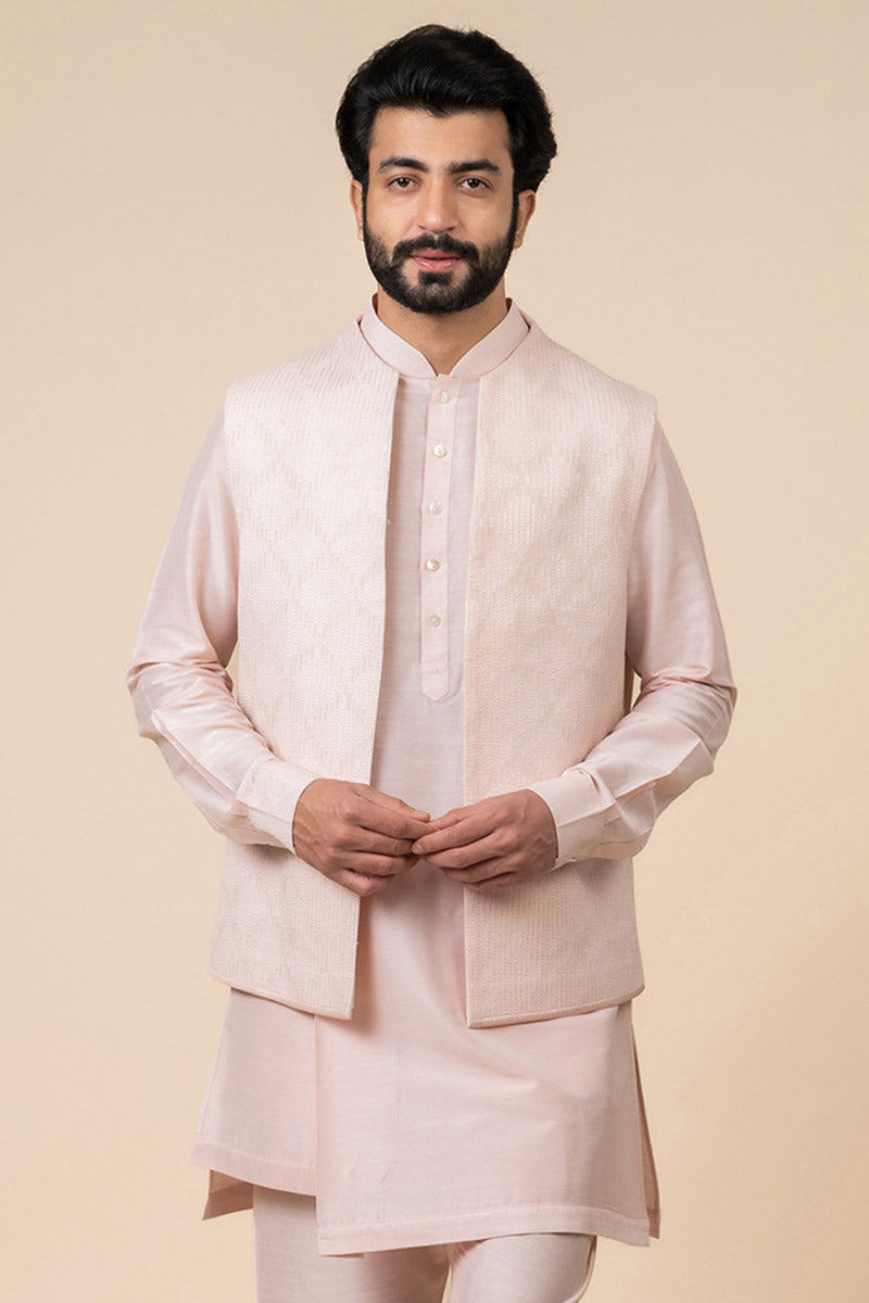 Pink Textured Khadi Kurta Bundi Set