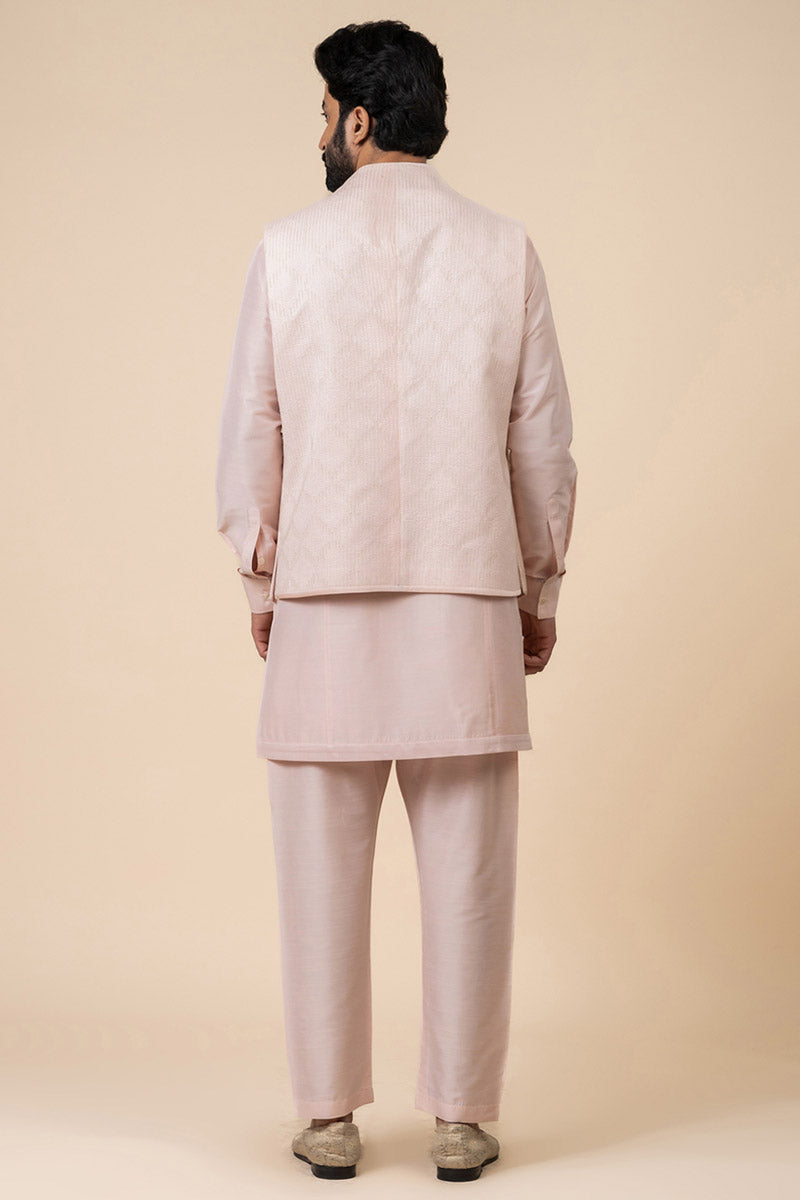 Pink Textured Khadi Kurta Bundi Set