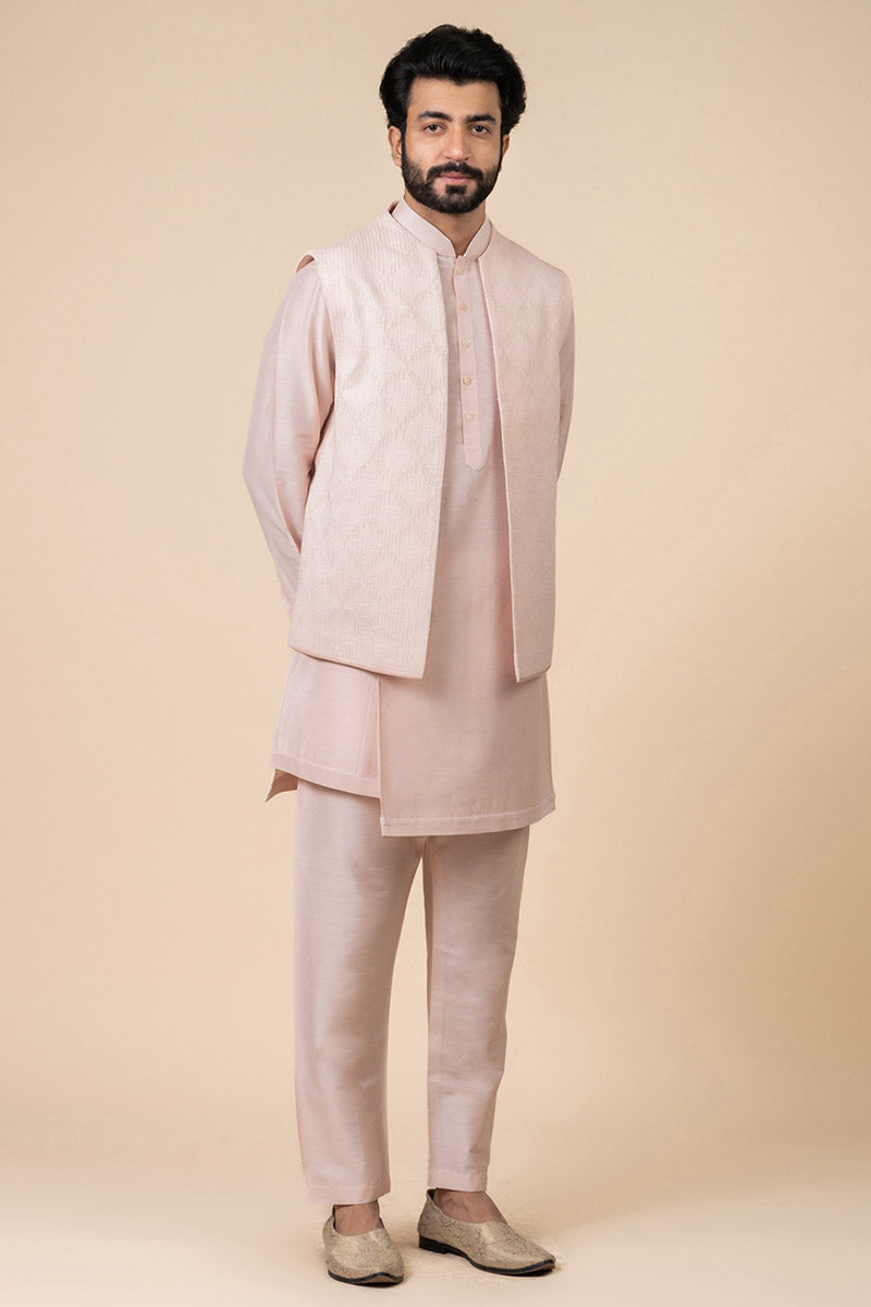 Pink Textured Khadi Kurta Bundi Set