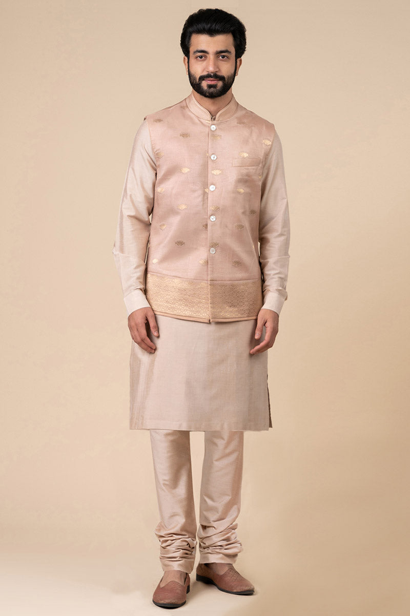 Pink Zari Jacquard Kurta Bundi Set