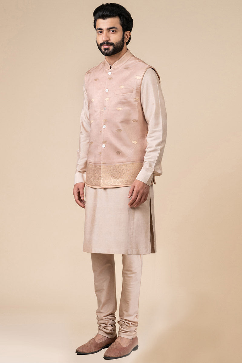 Pink Zari Jacquard Kurta Bundi Set