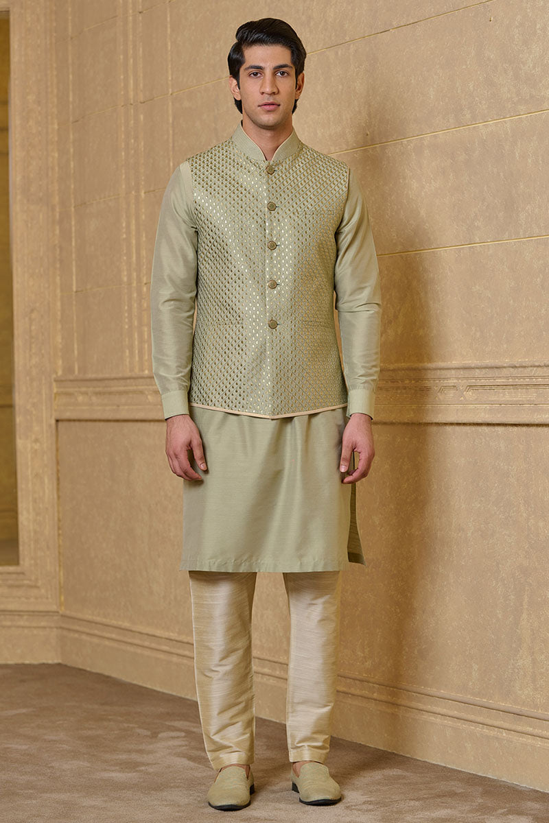 Light Green All Over Embroidered Kurta Bundi Set