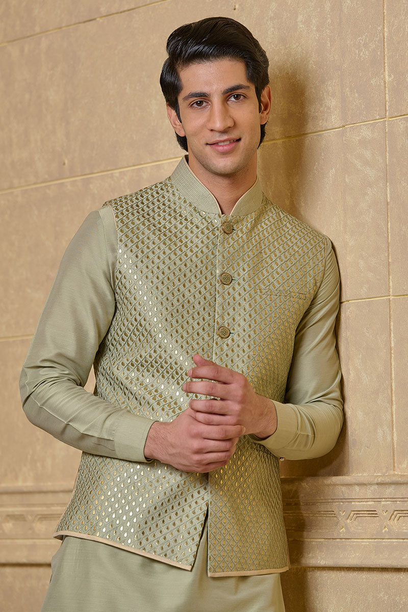 Light Green All Over Embroidered Kurta Bundi Set