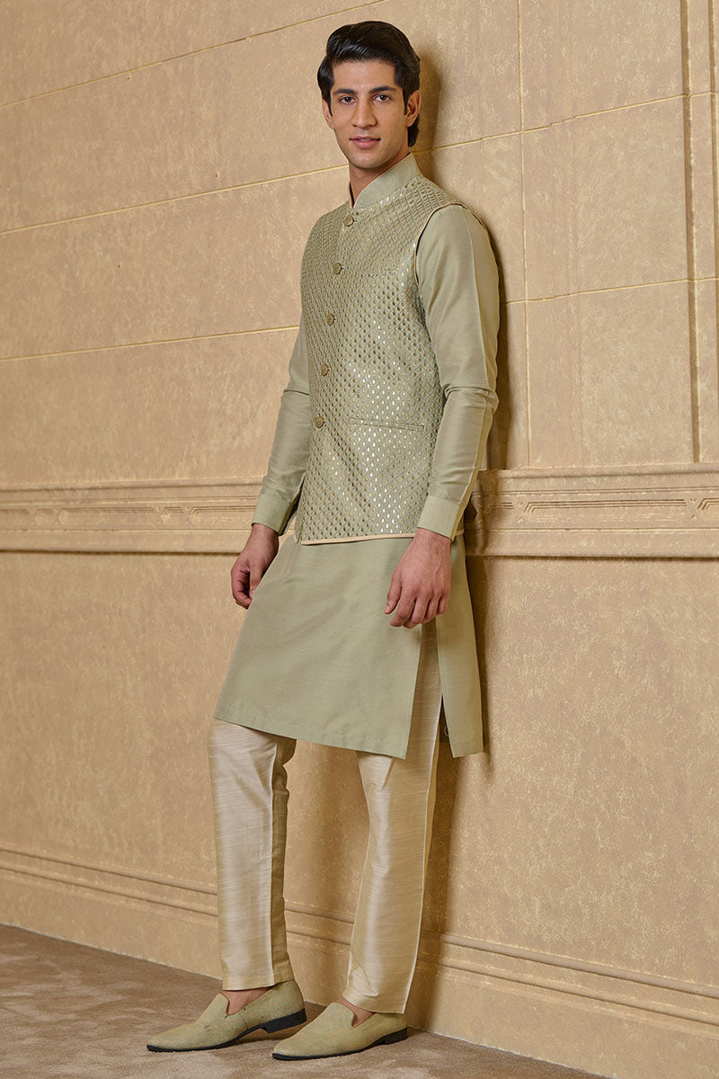 Light Green All Over Embroidered Kurta Bundi Set