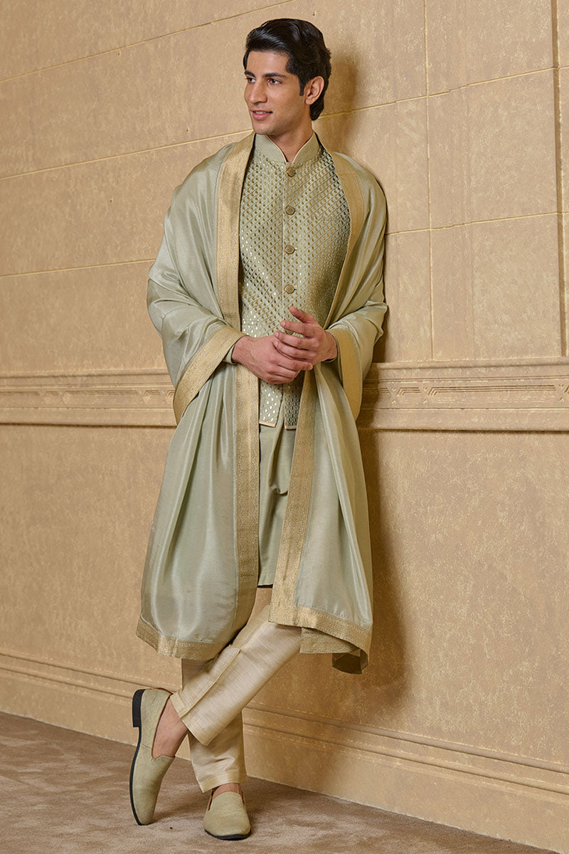 Light Green All Over Embroidered Kurta Bundi Set