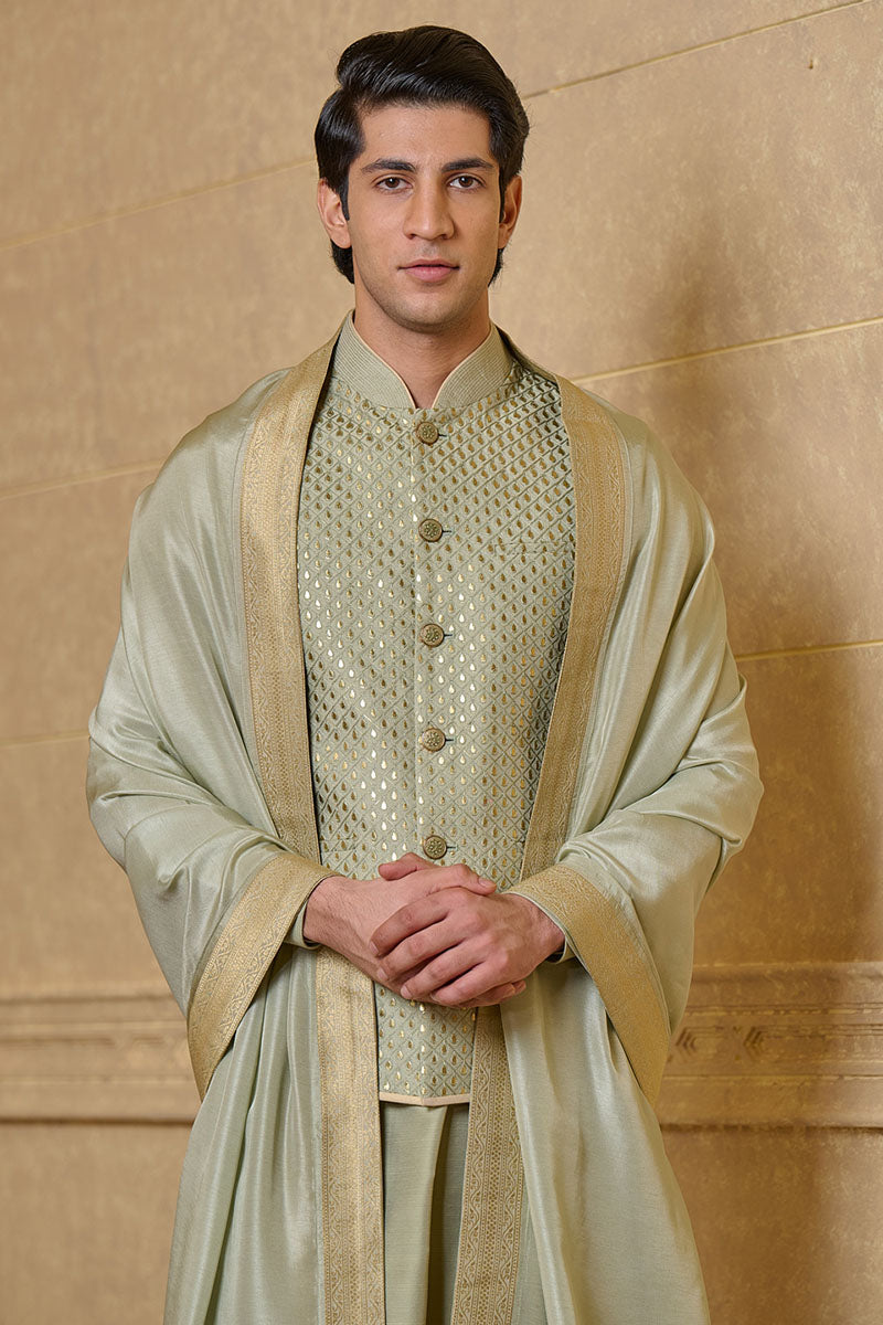 Light Green All Over Embroidered Kurta Bundi Set