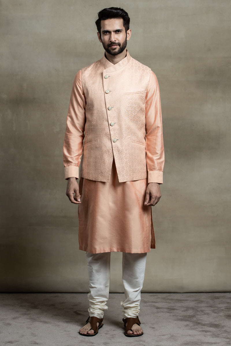 Peach Asymmetric Jacquard Kurta Bundi Set