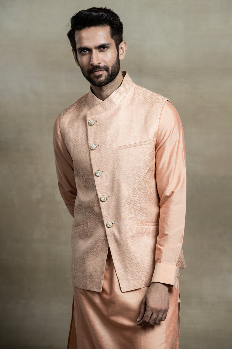 Peach Asymmetric Jacquard Kurta Bundi Set