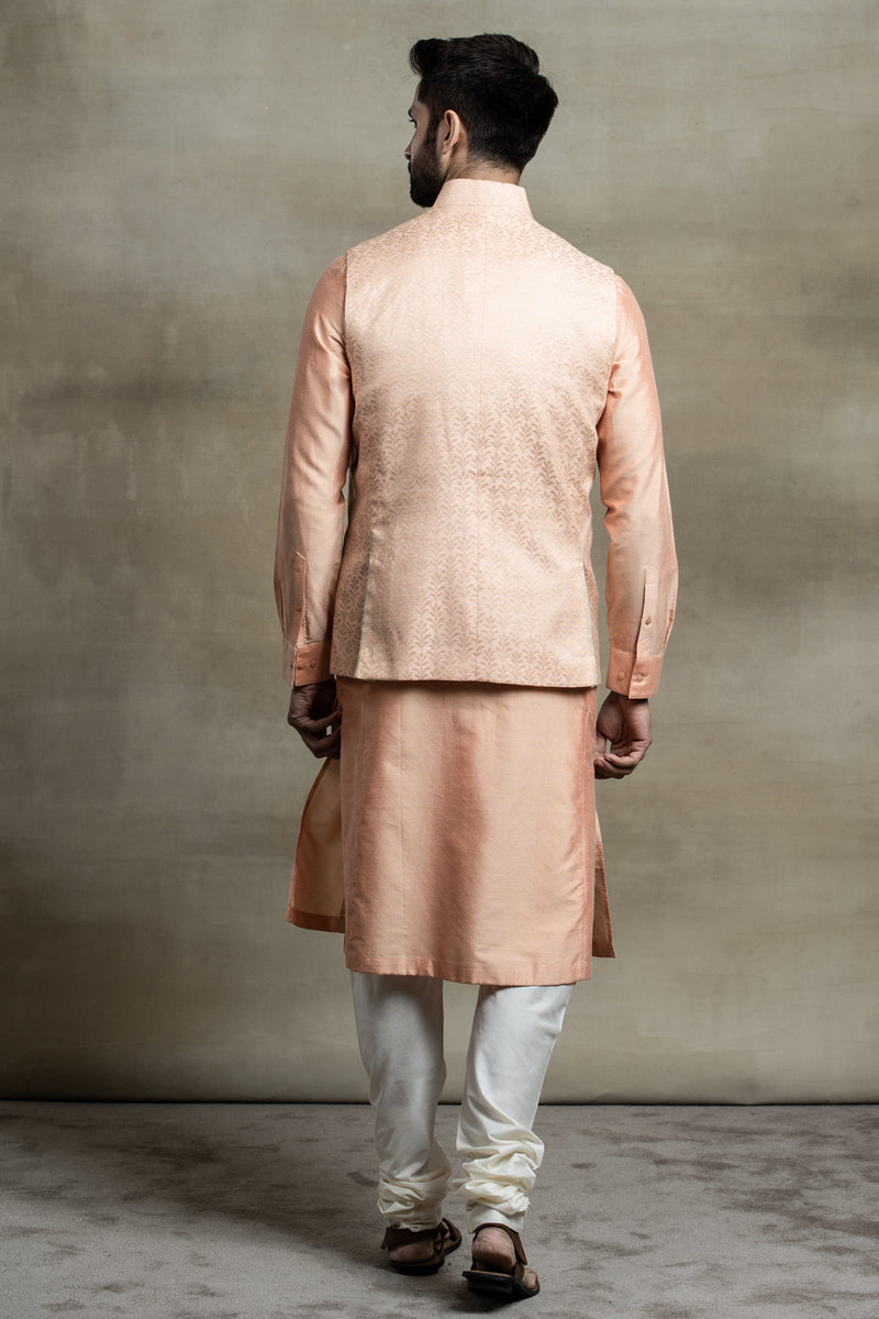 Peach Asymmetric Jacquard Kurta Bundi Set