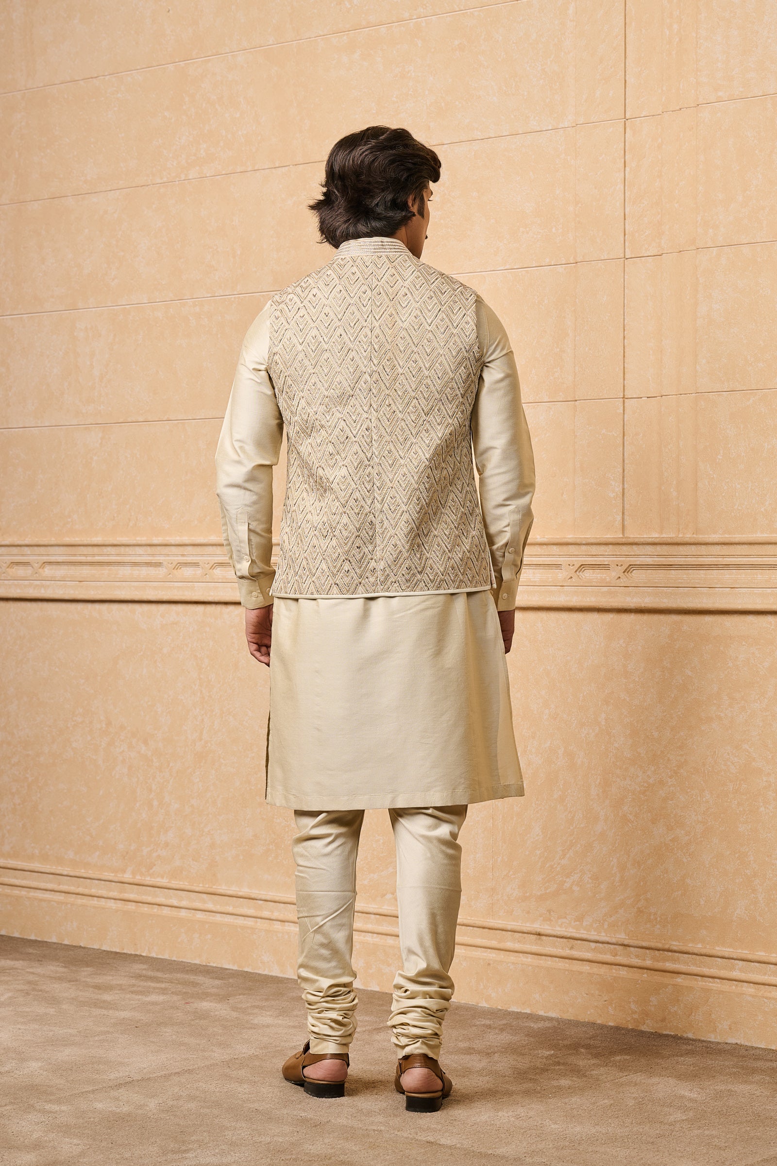 Gold All Over Embroidered Kurta Bundi Set