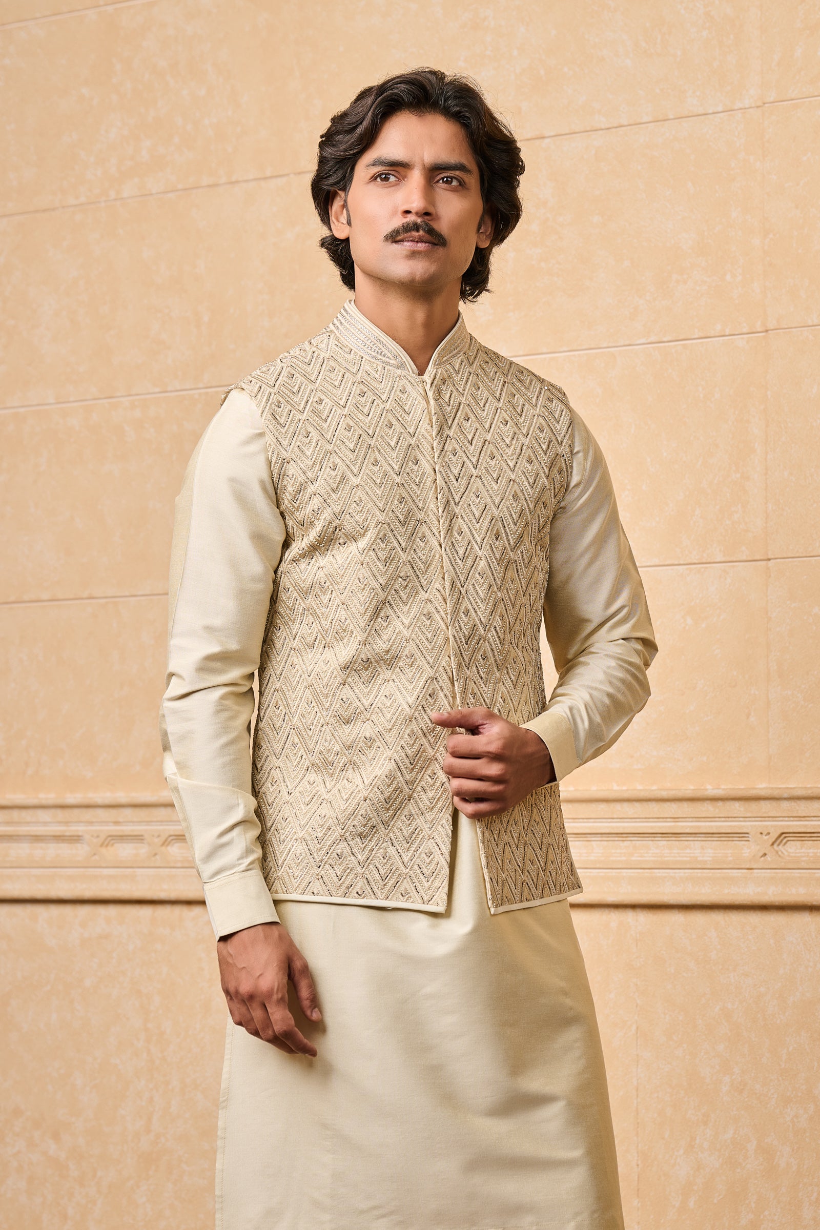 Gold All Over Embroidered Kurta Bundi Set