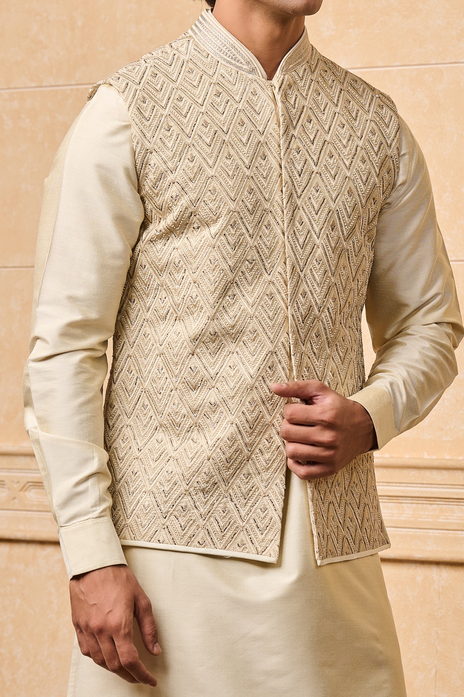 Gold All Over Embroidered Kurta Bundi Set