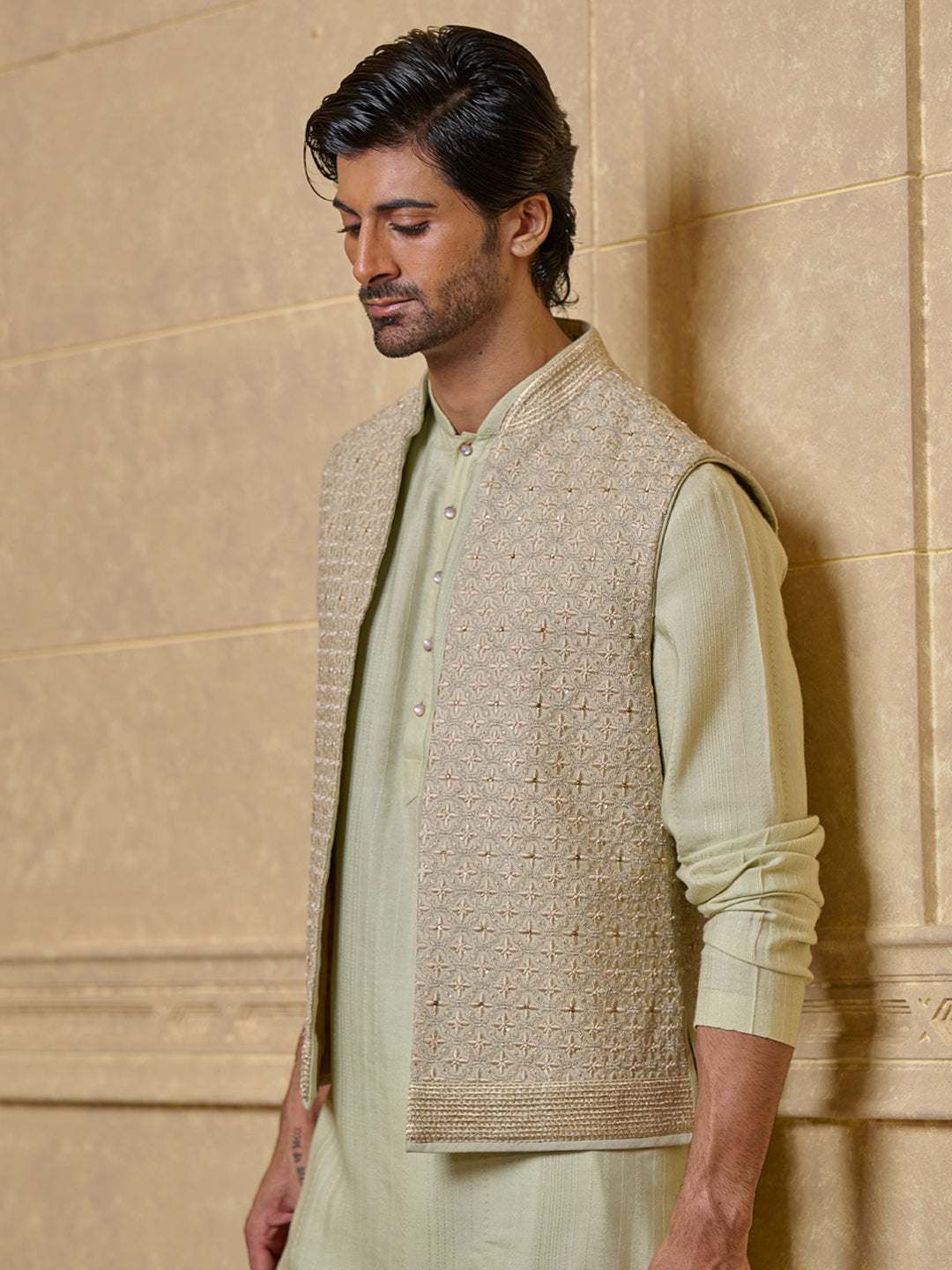 Light Green Embroidered Kurta Bundi Set