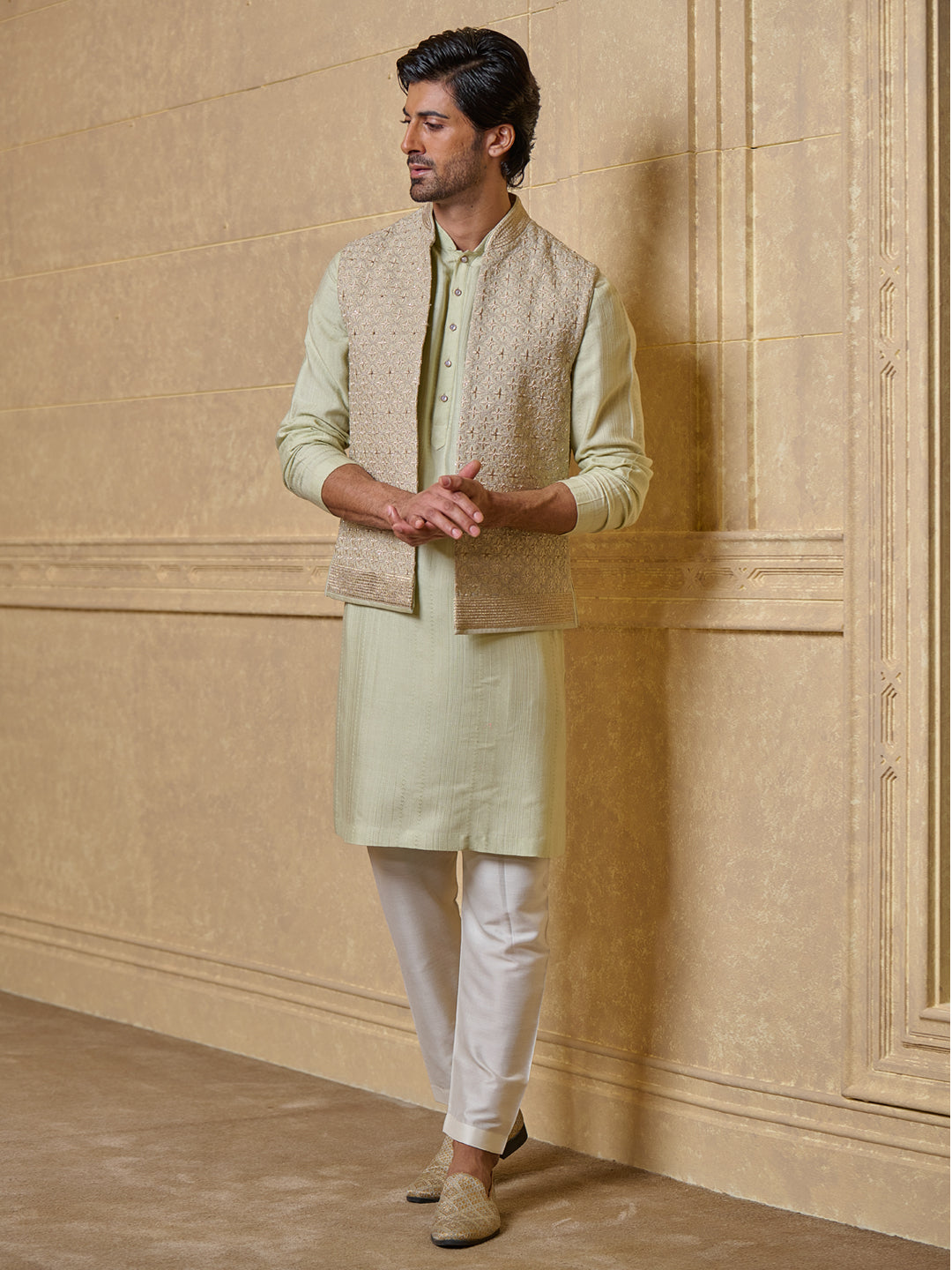 Light Green Embroidered Kurta Bundi Set