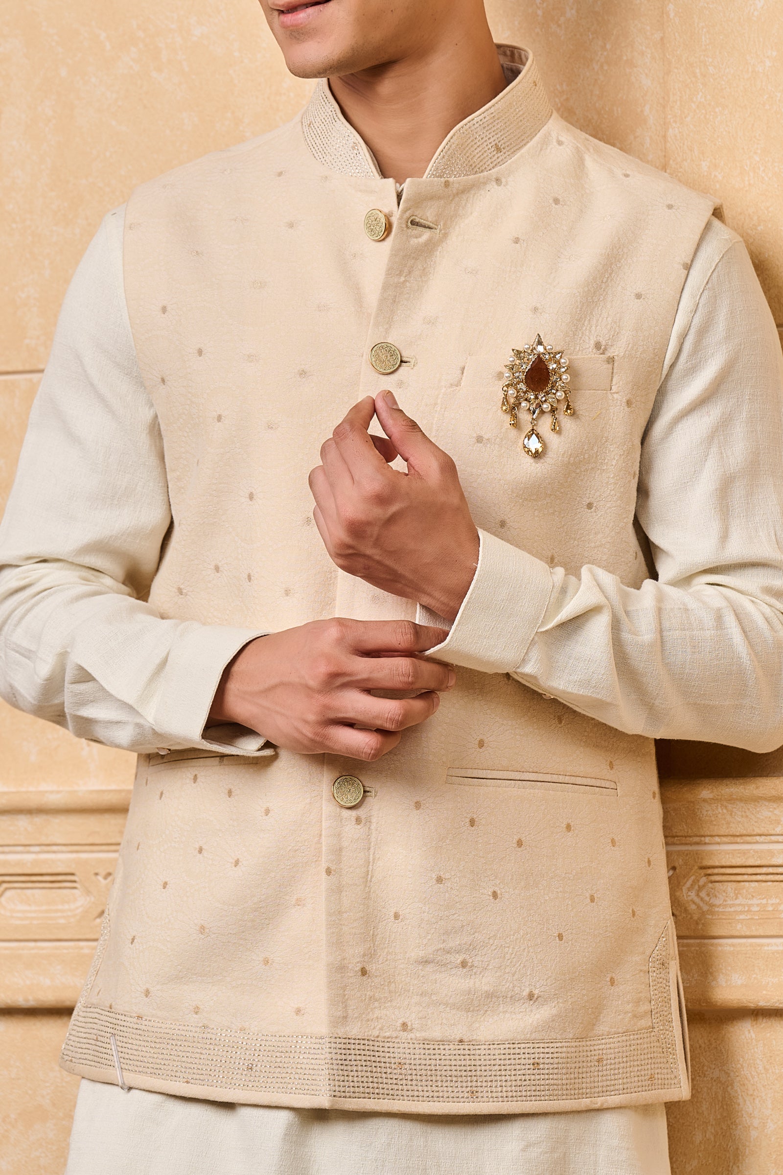 Ivory Jacquard Kurta Bundi Set