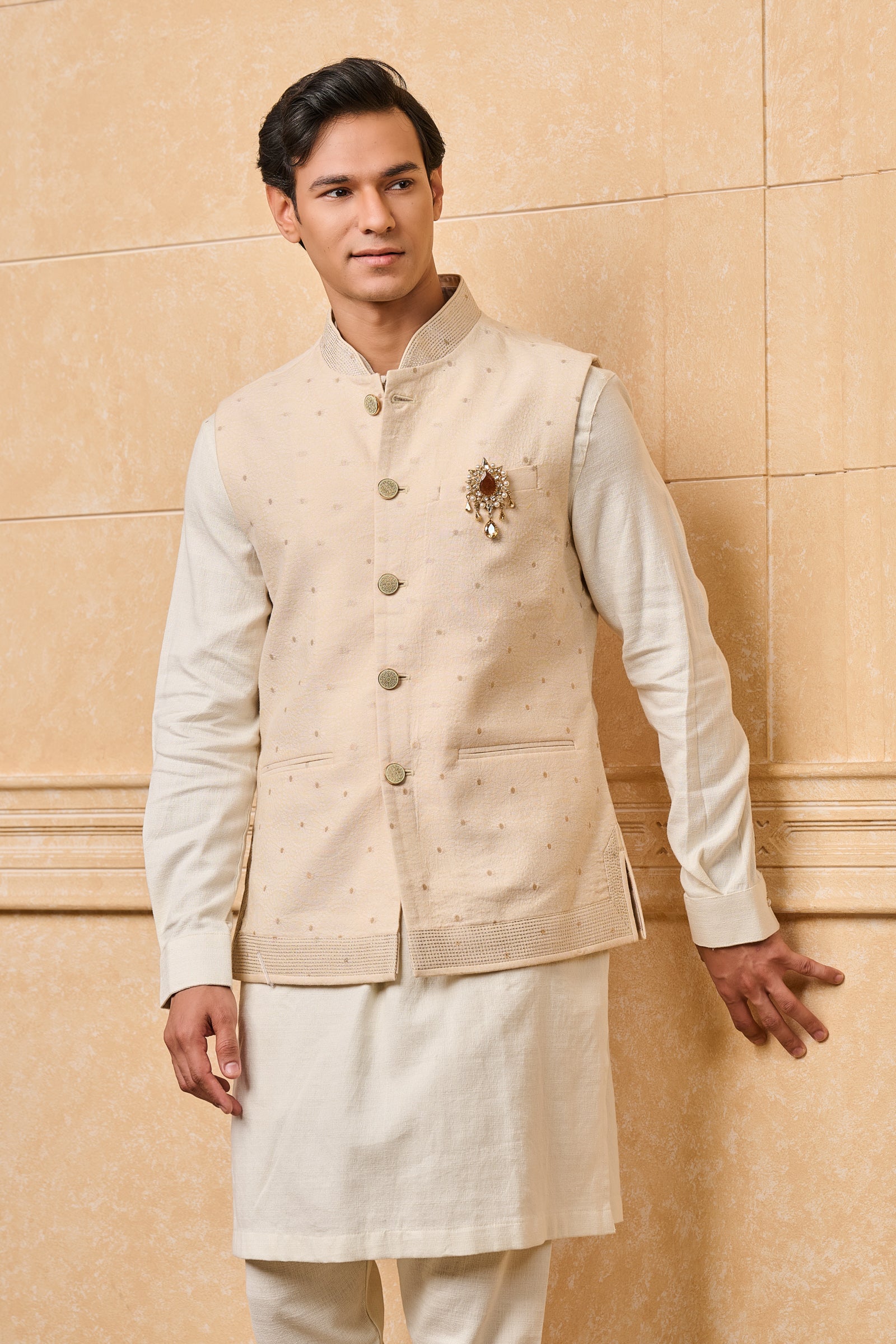 Ivory Jacquard Kurta Bundi Set