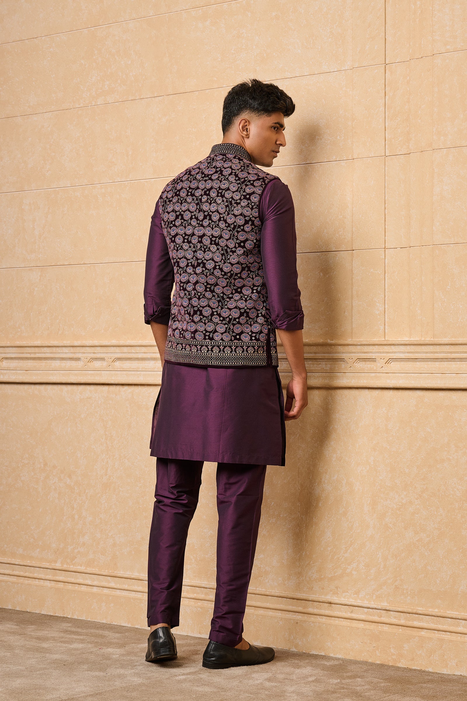 Wine Printed Kurta Bundi Set