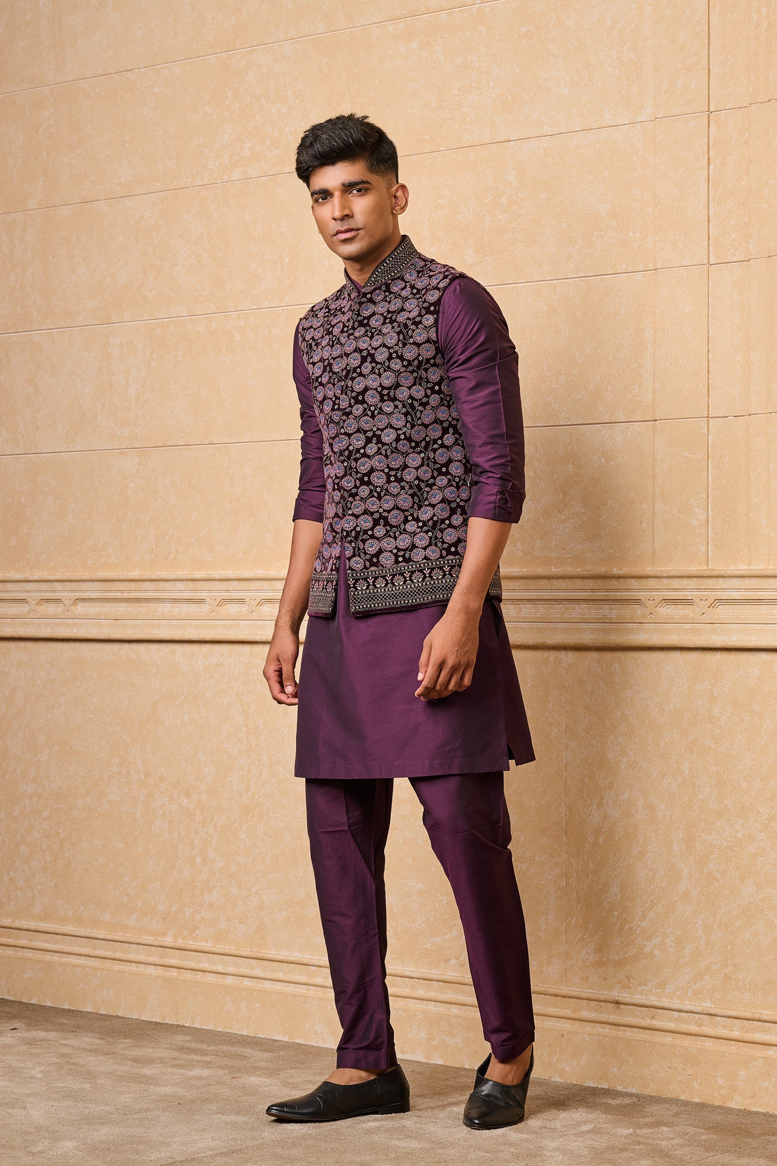 Wine Printed Kurta Bundi Set