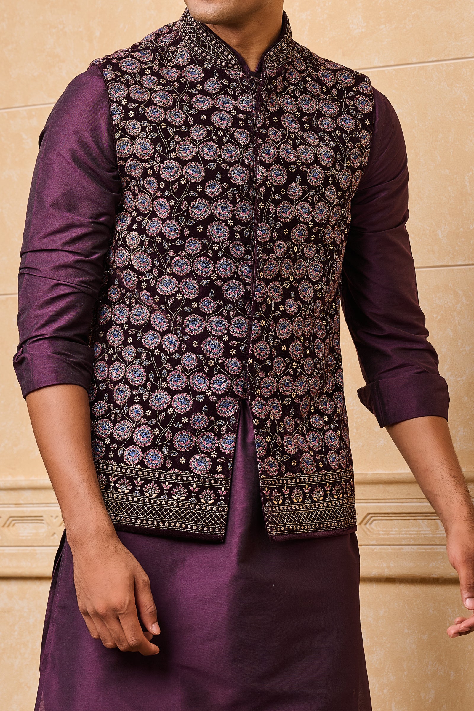 Wine Printed Kurta Bundi Set