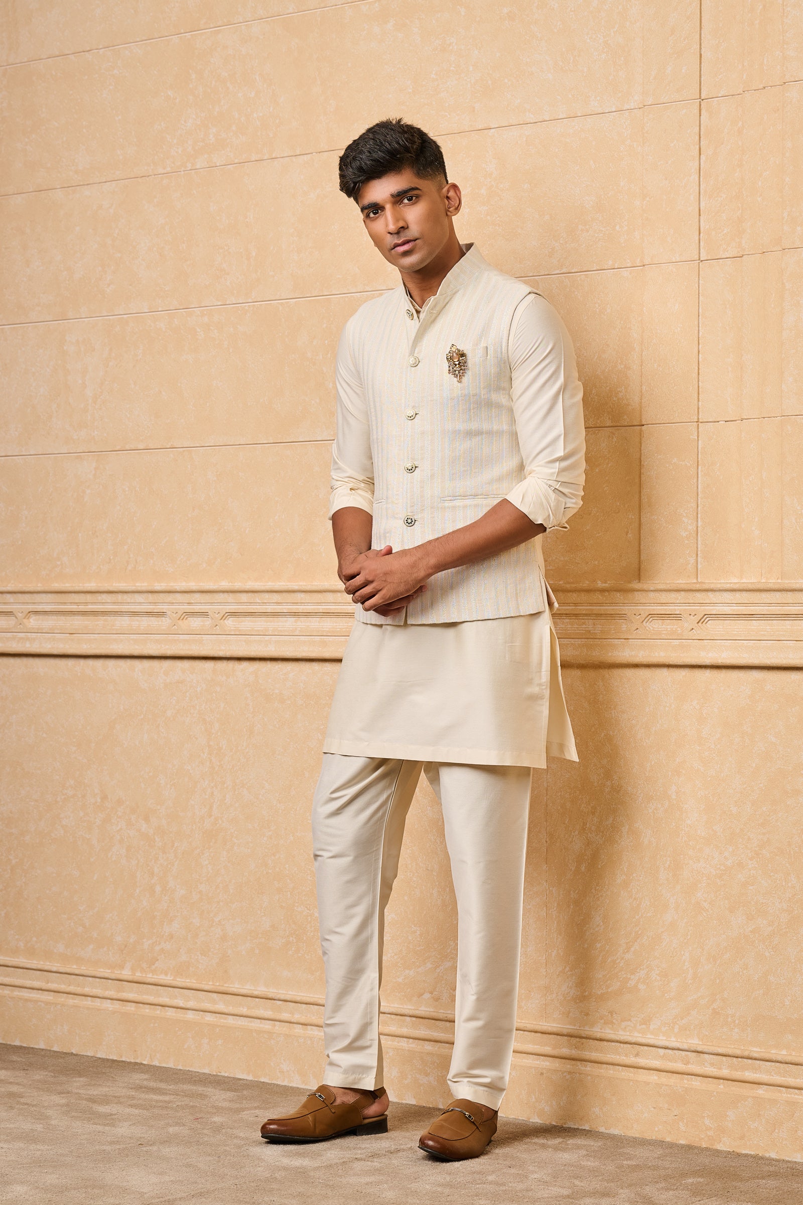 Peach Striped Pattern Kurta Bundi Set