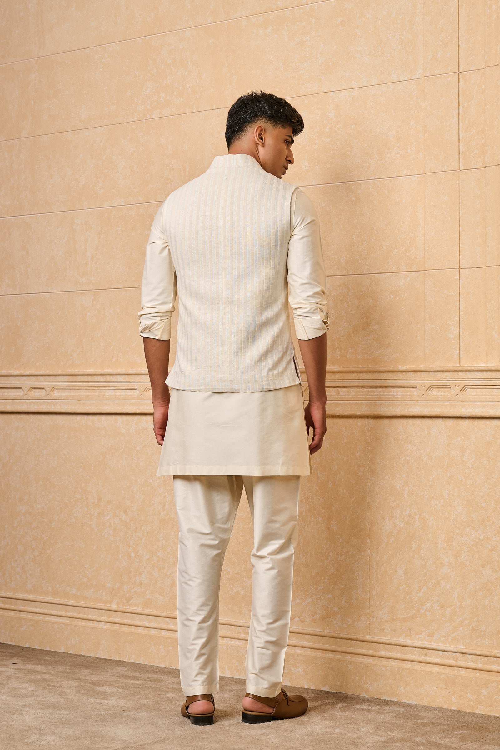 Peach Striped Pattern Kurta Bundi Set