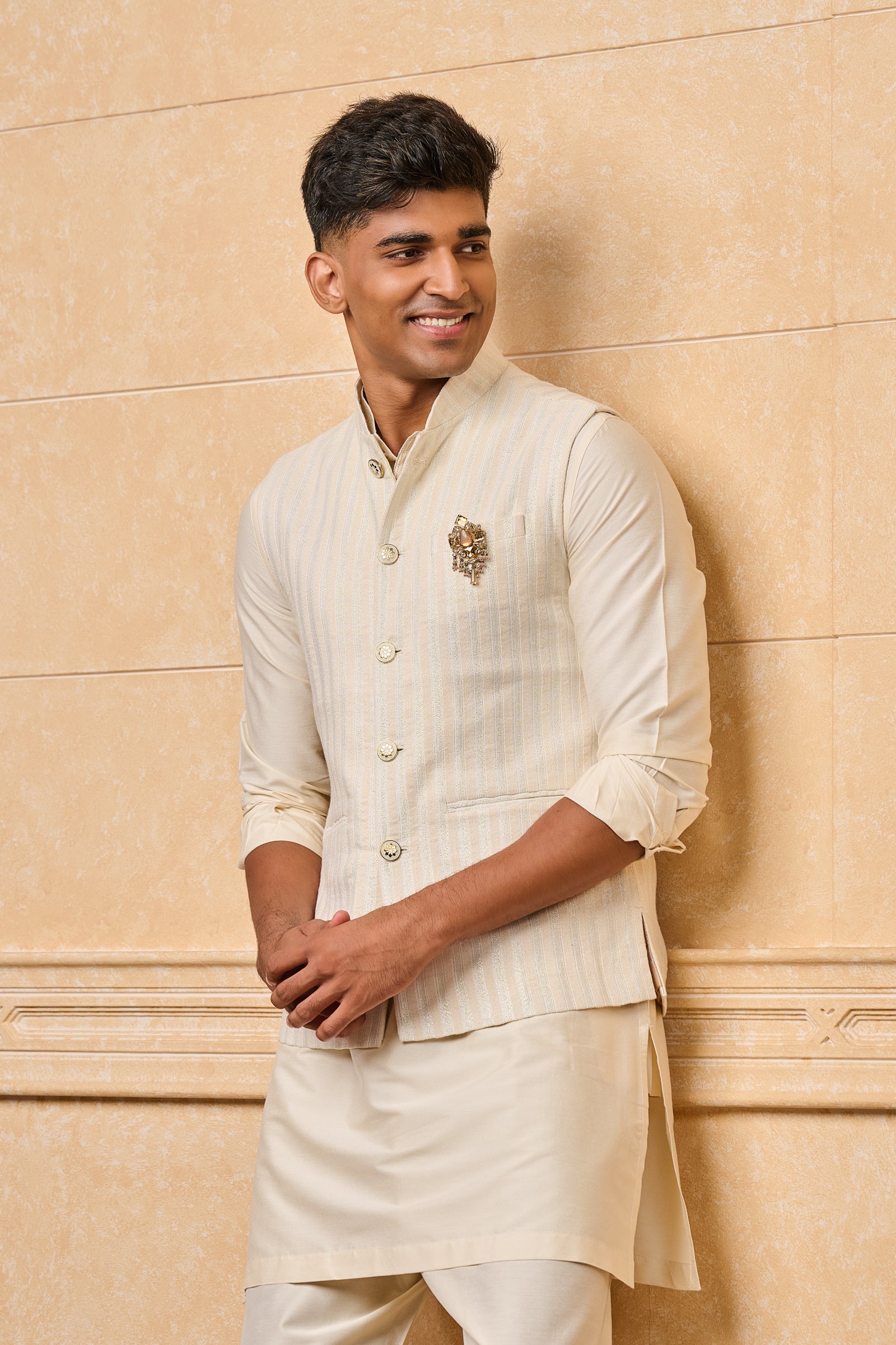 Peach Striped Pattern Kurta Bundi Set