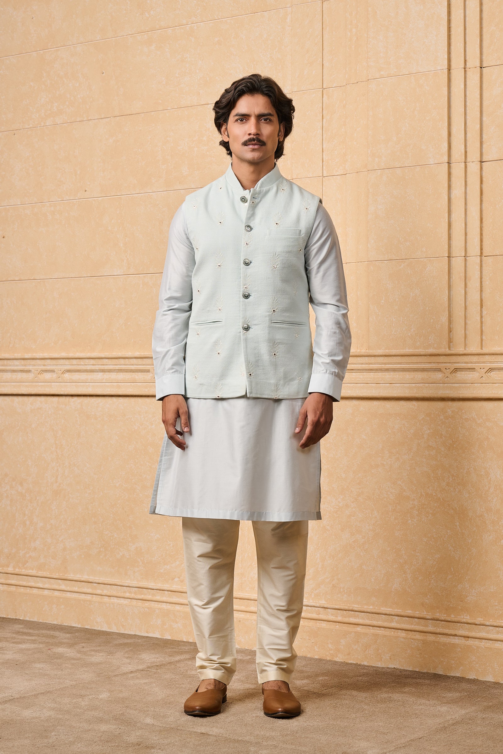 Light Blue Embroidered Kurta Bundi Set