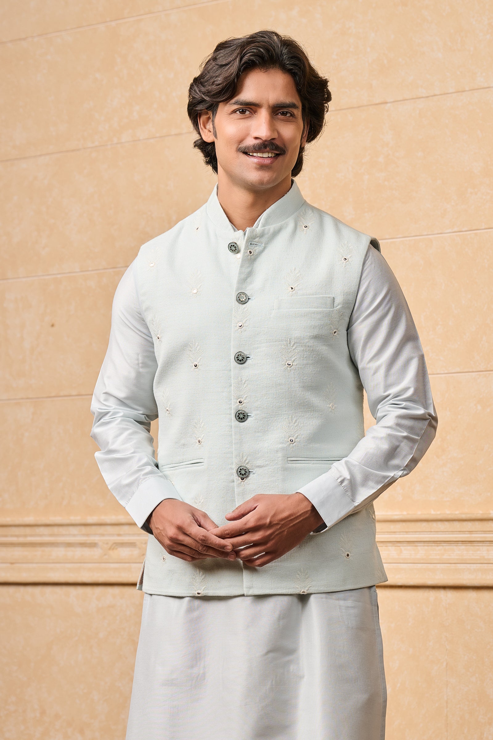 Light Blue Embroidered Kurta Bundi Set