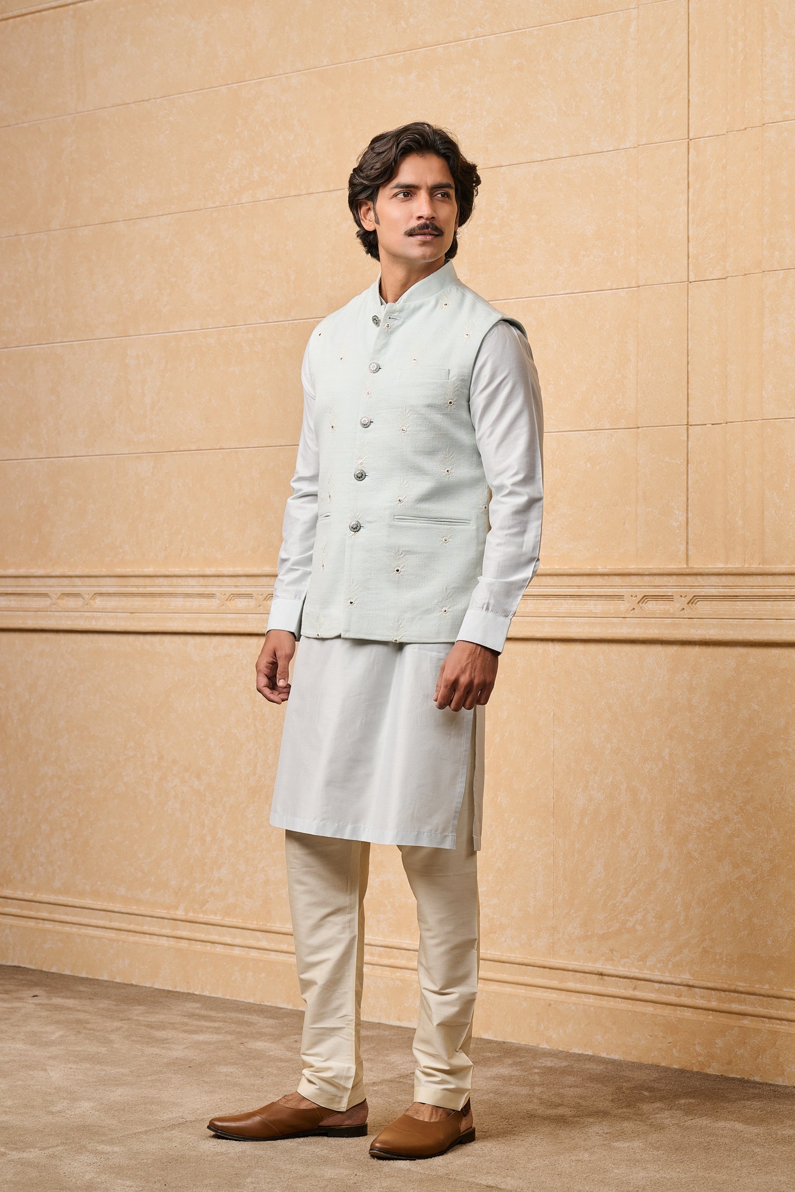 Light Blue Embroidered Kurta Bundi Set