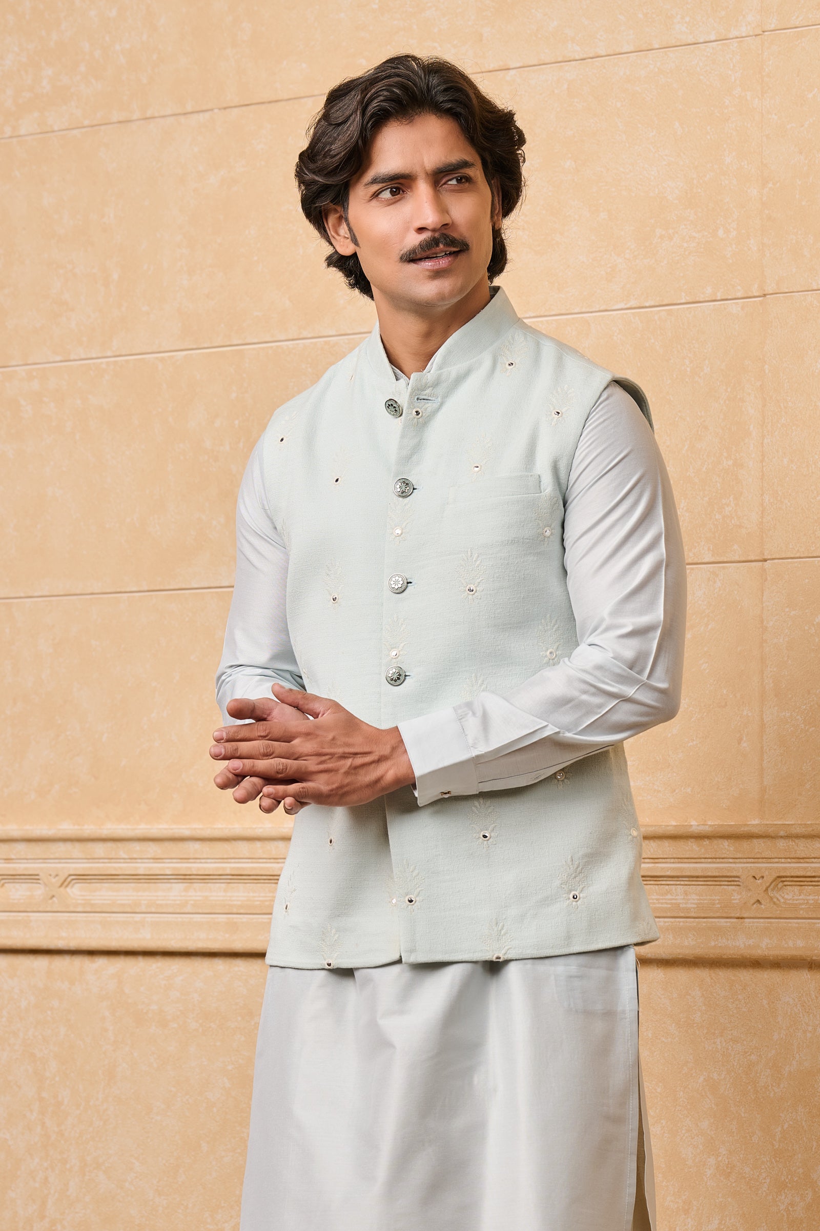 Light Blue Embroidered Kurta Bundi Set