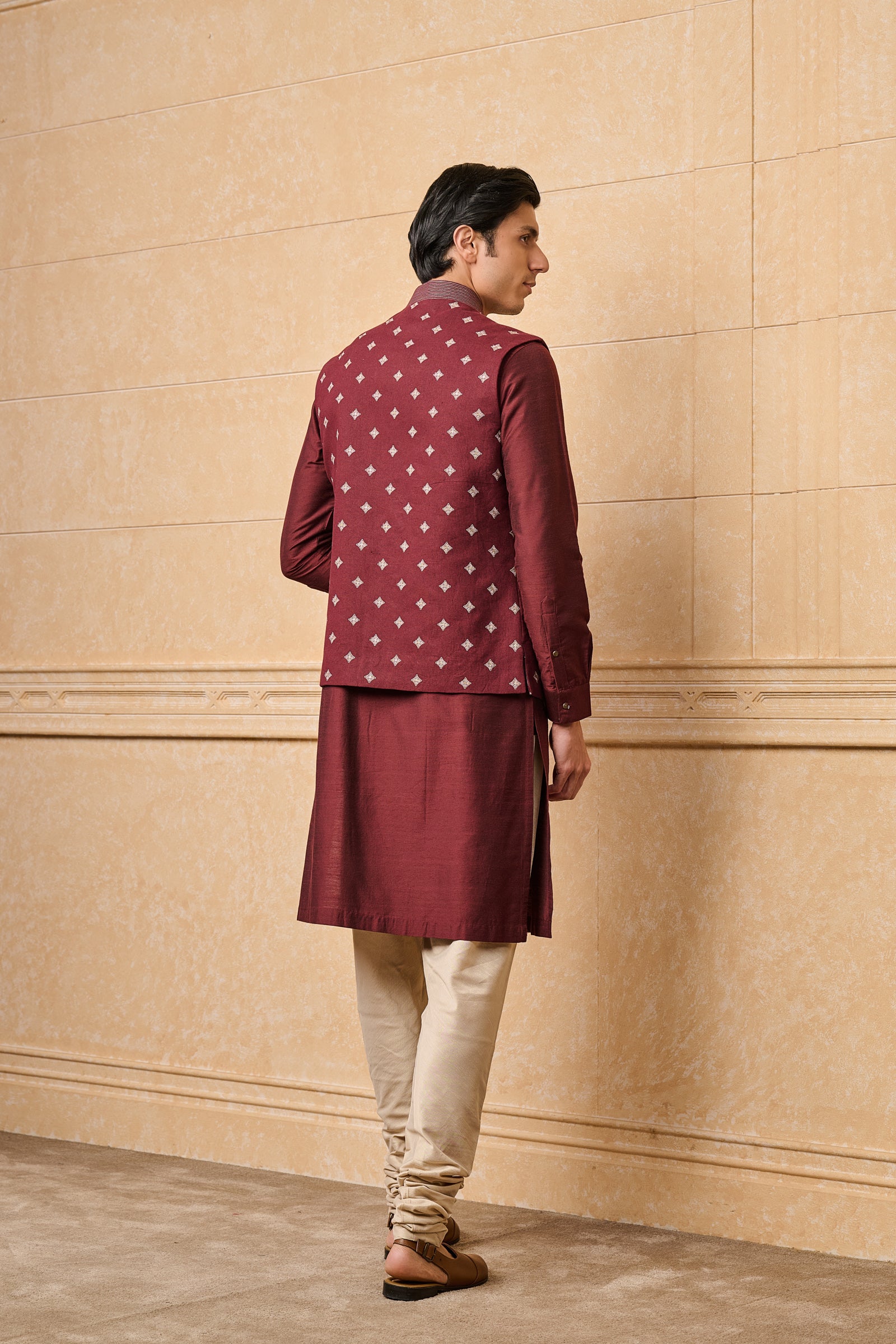 Wine All Over Embroidered Cotton Kurta Bundi Set