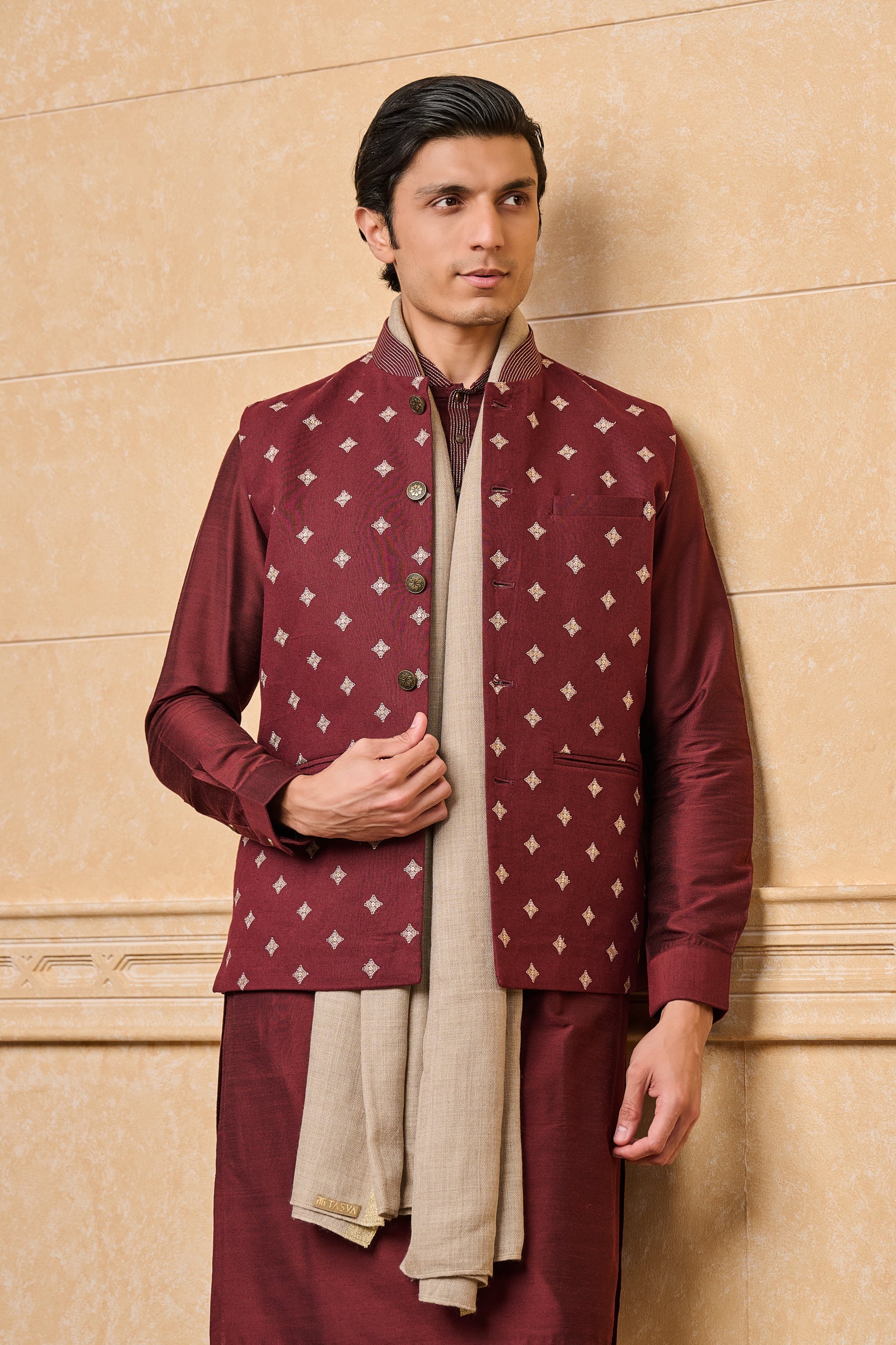 Wine All Over Embroidered Cotton Kurta Bundi Set