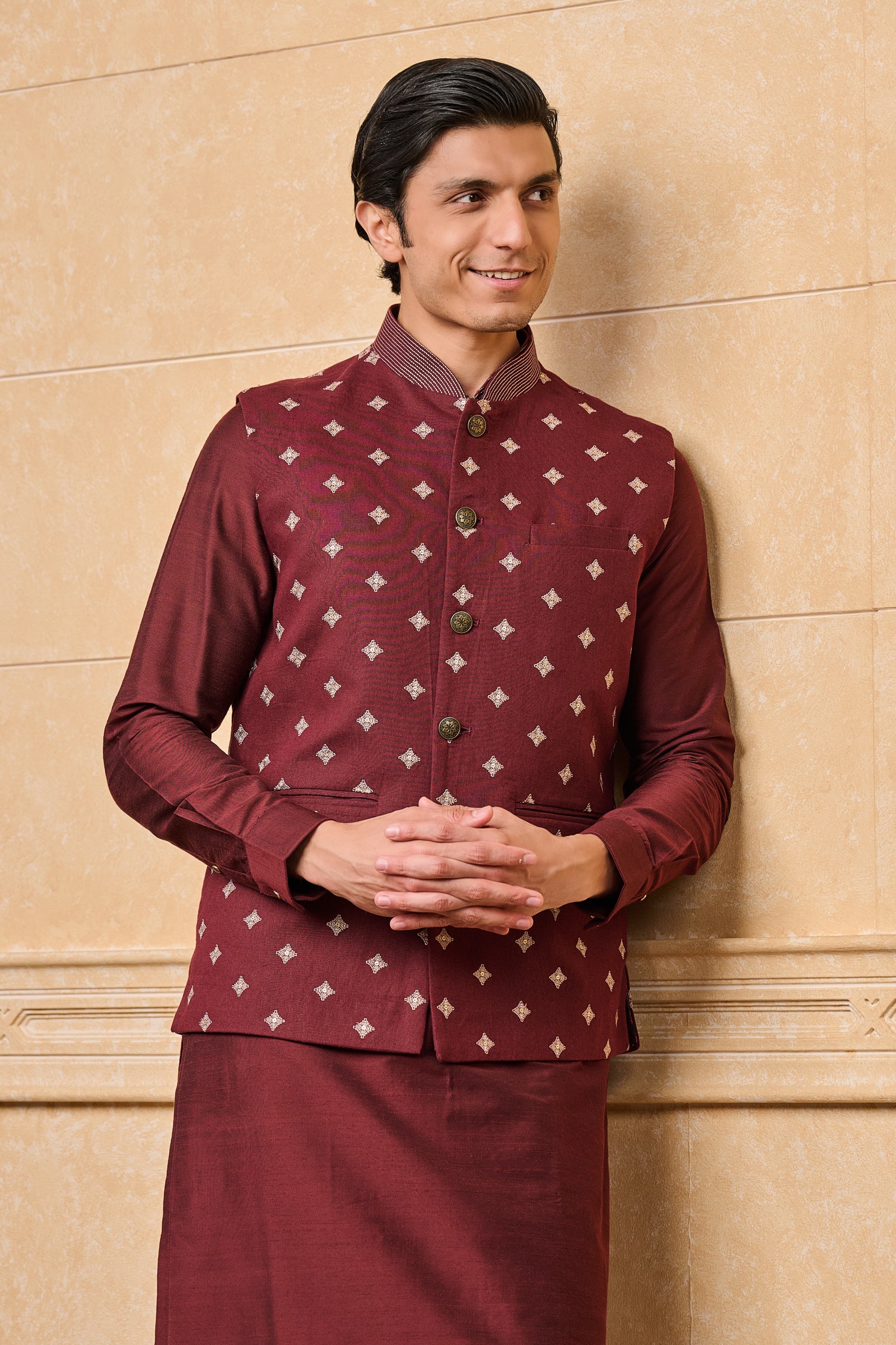 Wine All Over Embroidered Cotton Kurta Bundi Set