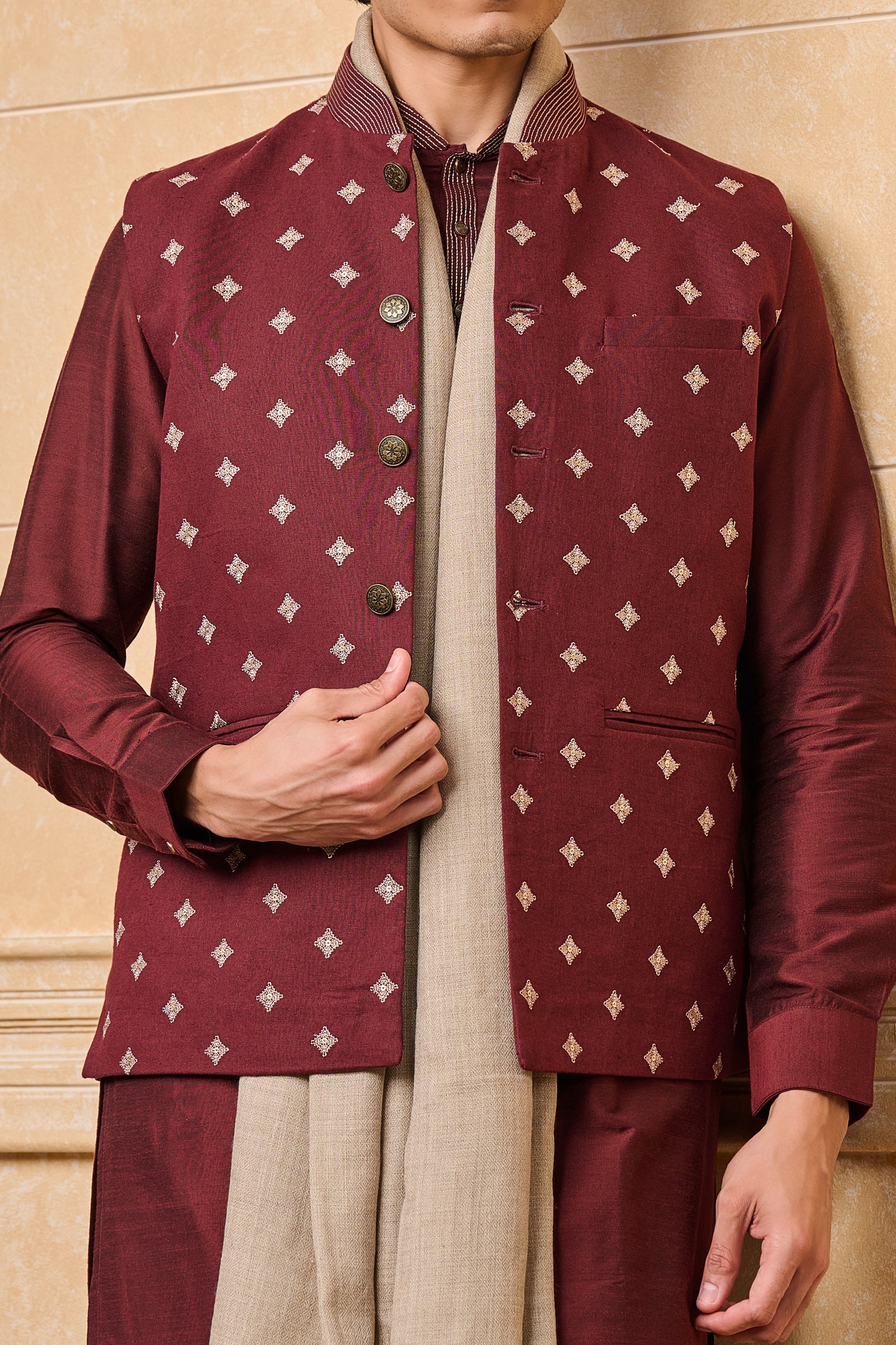 Wine All Over Embroidered Cotton Kurta Bundi Set