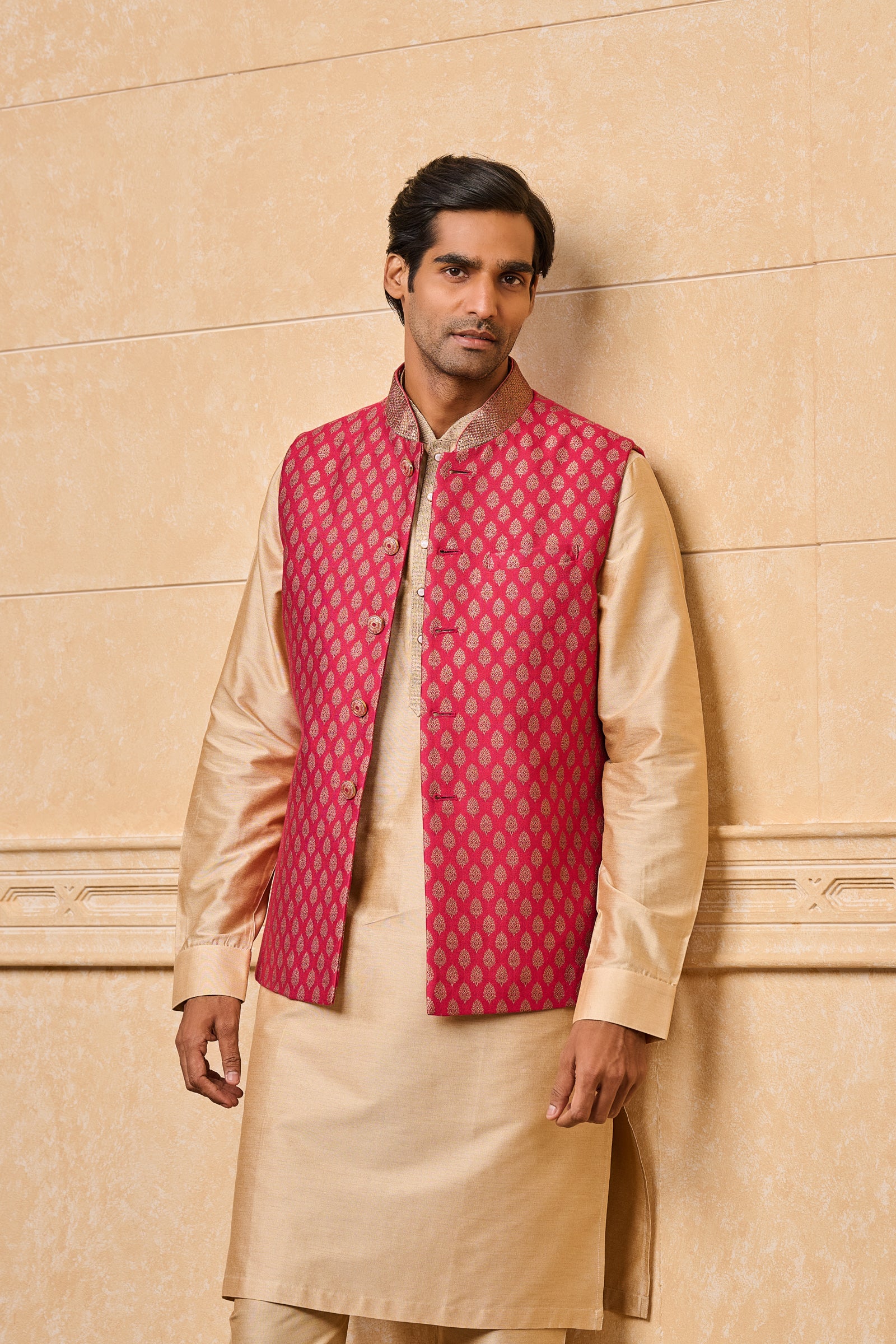 Magenta Brocade Kurta Bundi Set