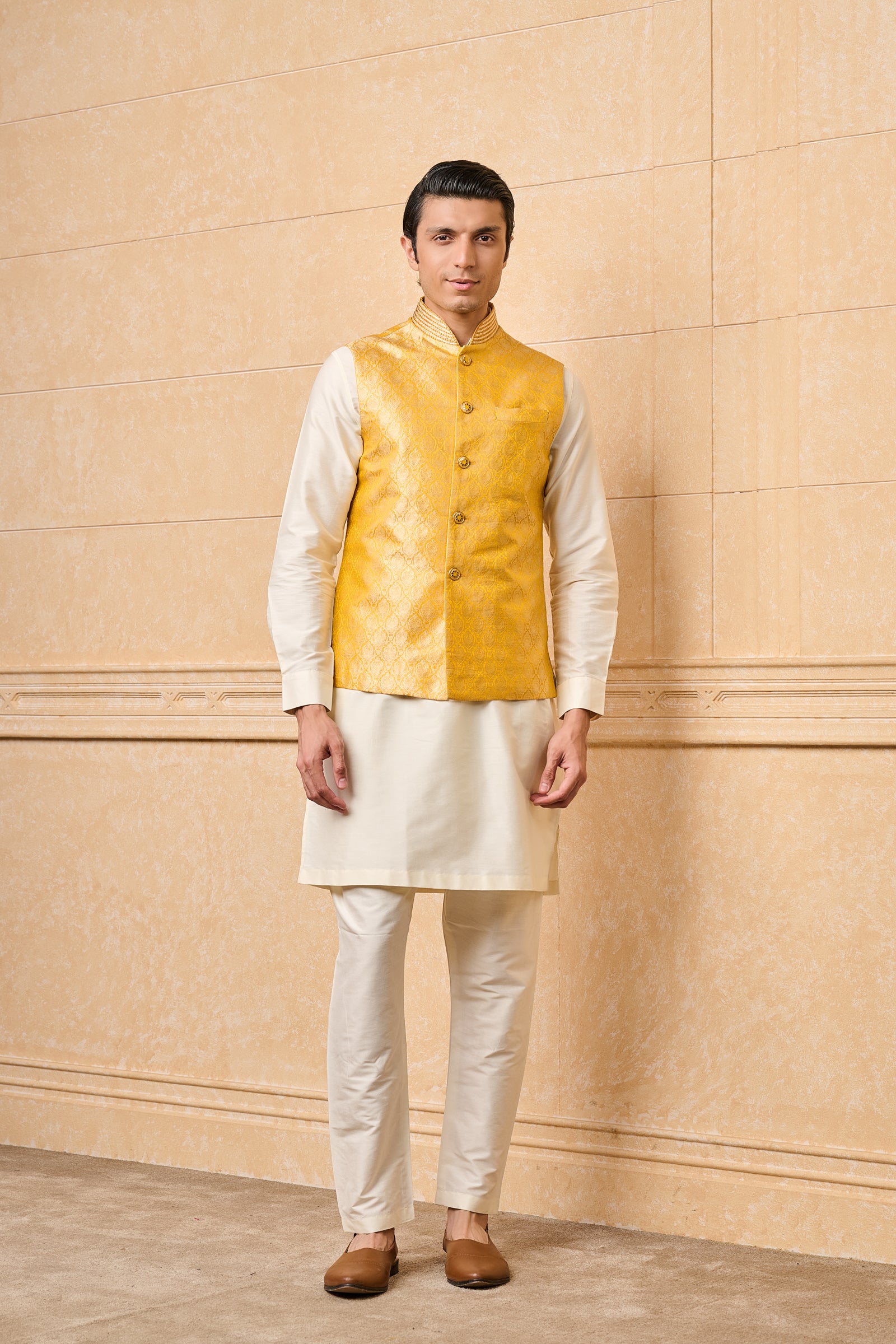 Yellow Embroidered Brocade Kurta Bundi Set