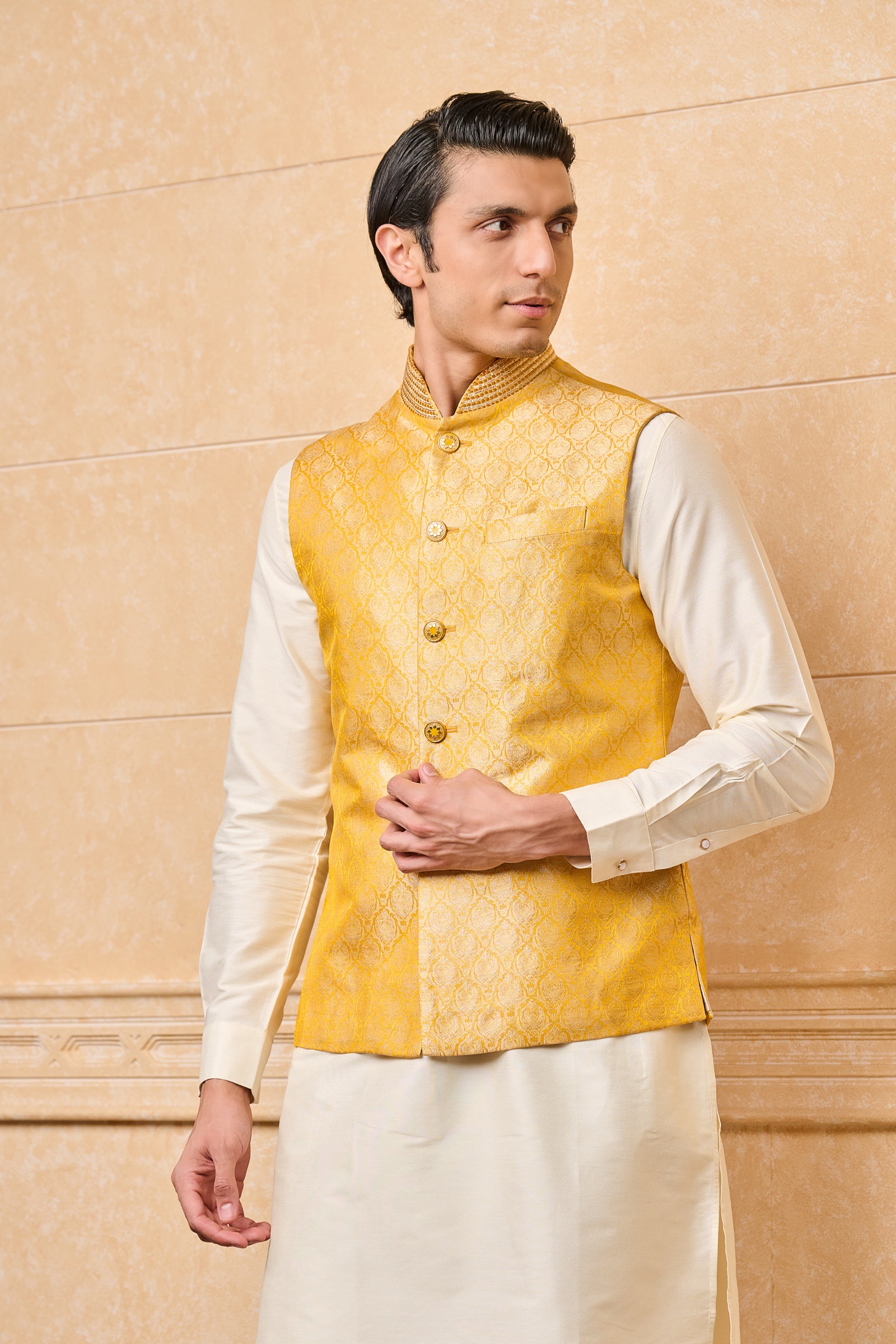 Yellow Embroidered Brocade Kurta Bundi Set