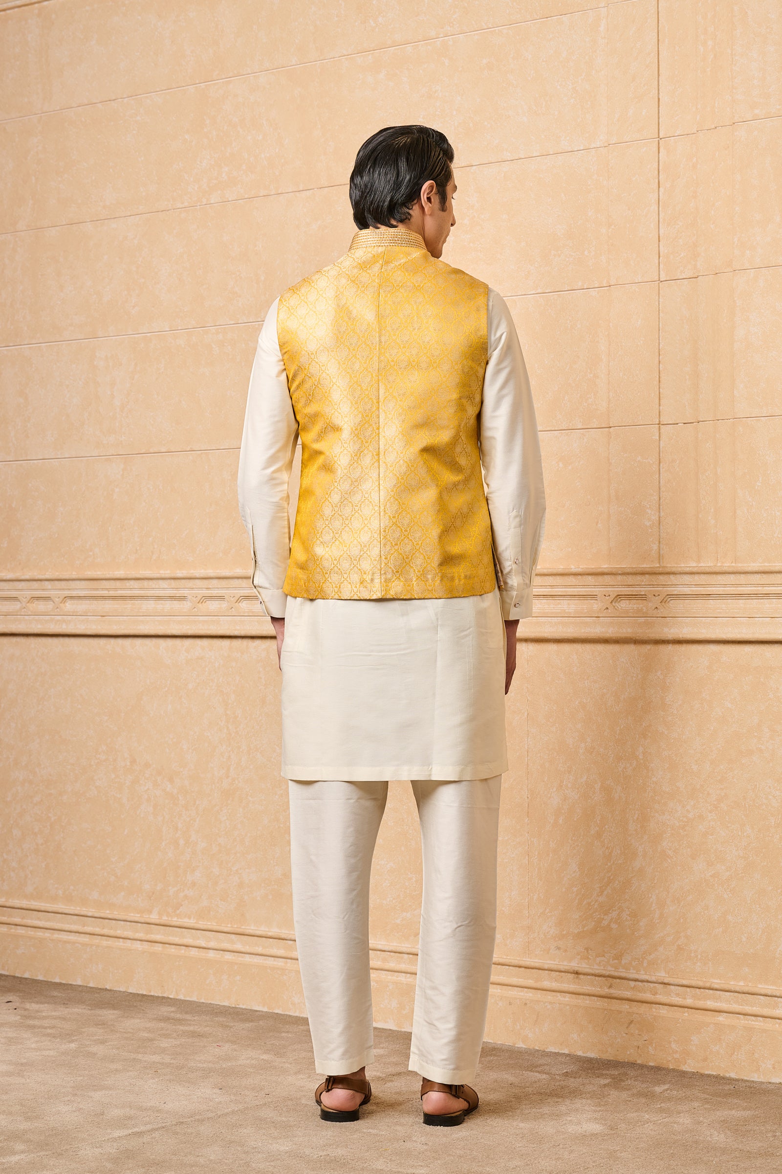 Yellow Embroidered Brocade Kurta Bundi Set