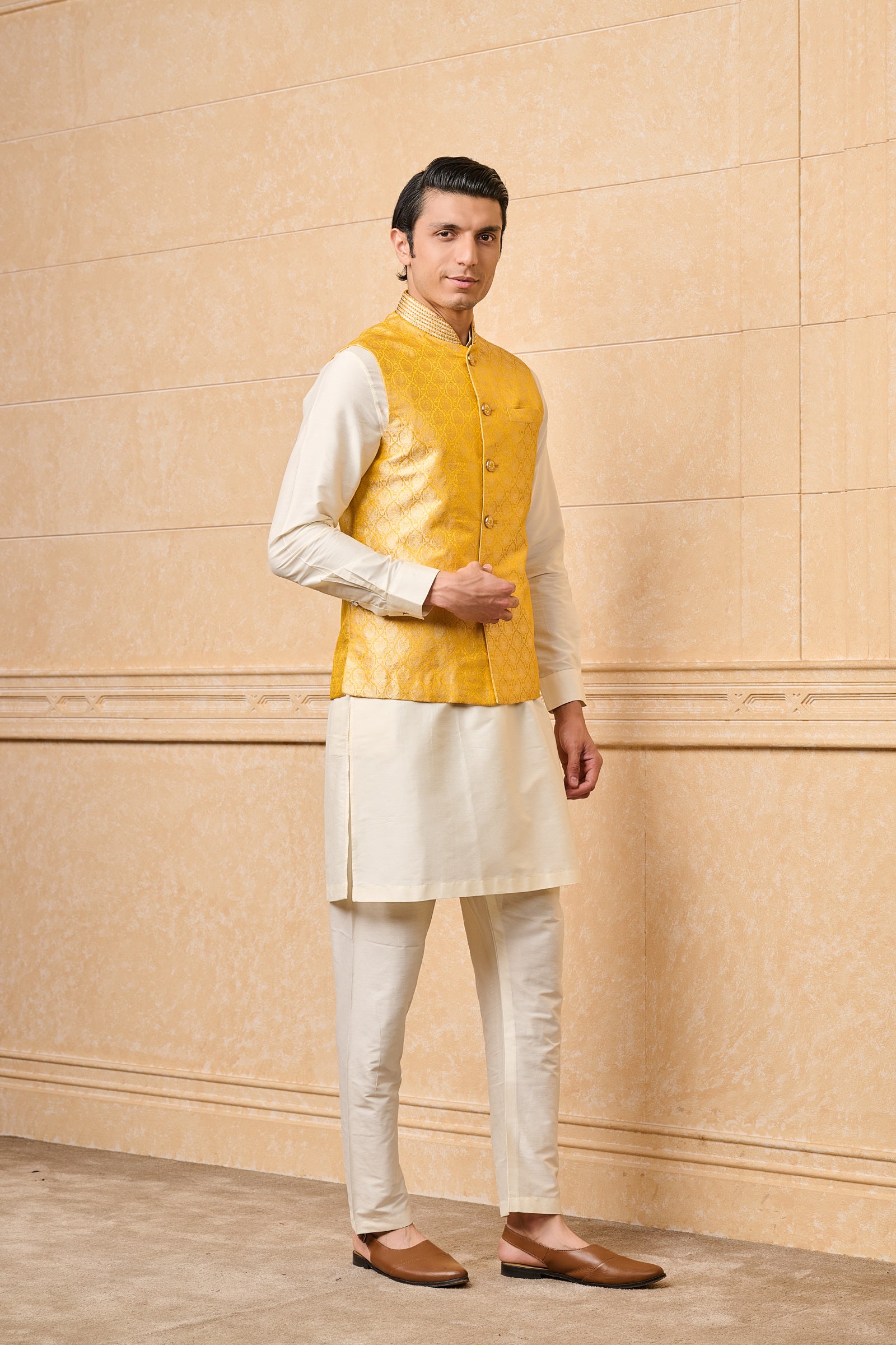 Yellow Embroidered Brocade Kurta Bundi Set