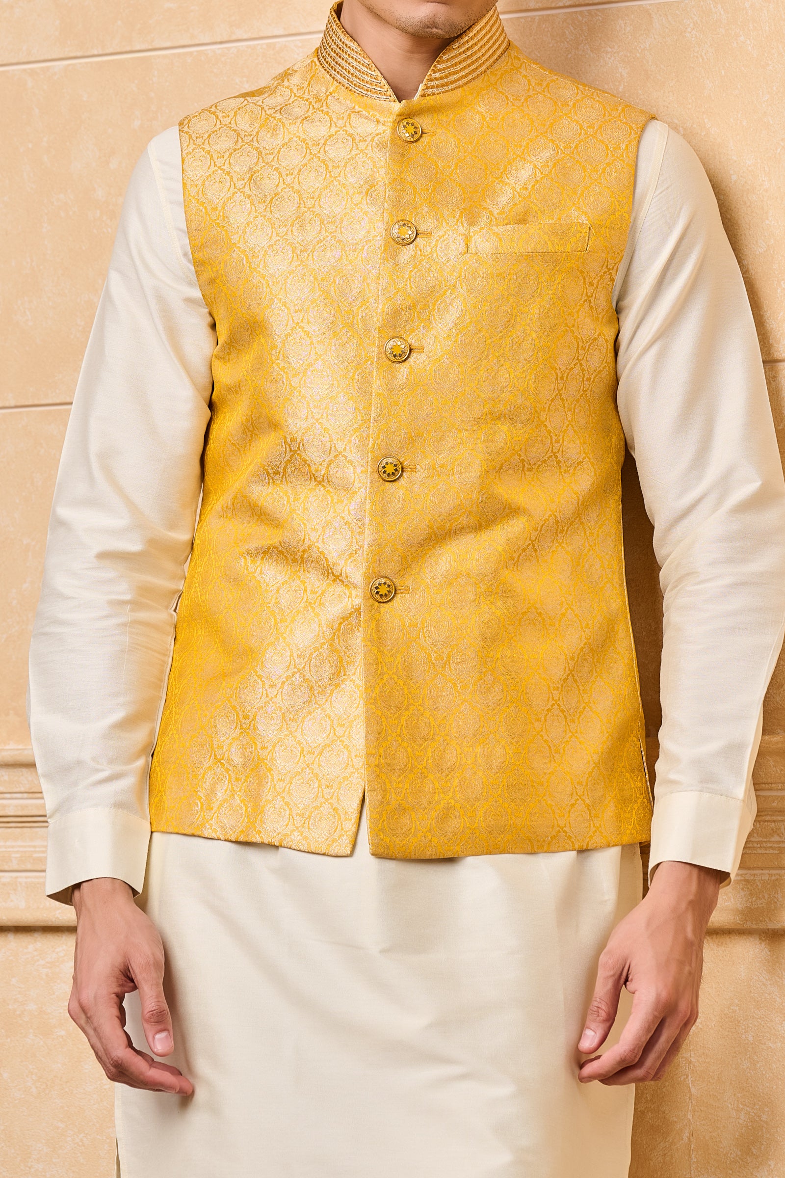 Yellow Embroidered Brocade Kurta Bundi Set