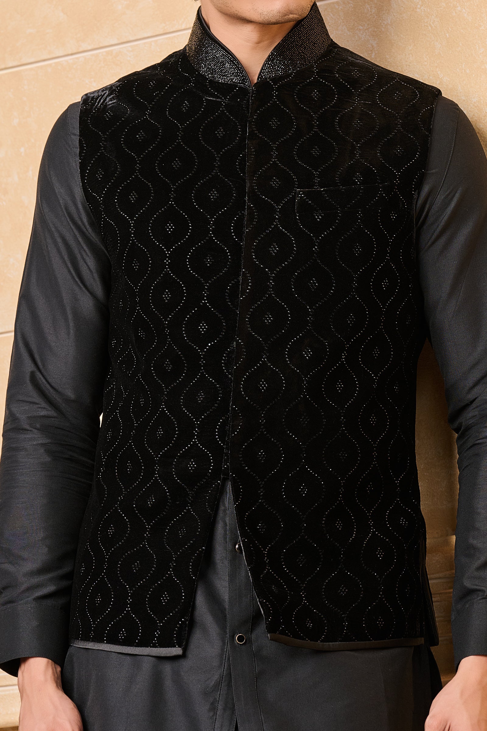 Black Hotfix Embroidered Kurta Bundi Set